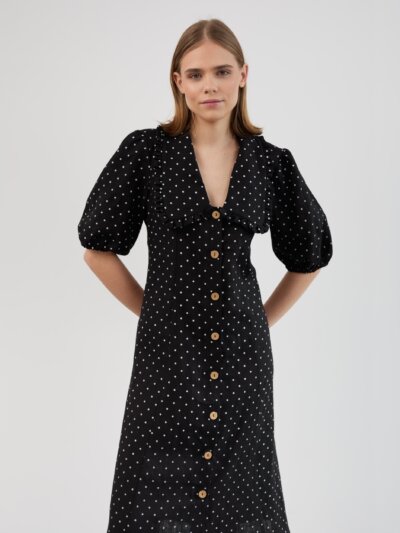 AUBREY Linen Midi Dress with Ruffled Collar, Puff Sleeves, Button Front