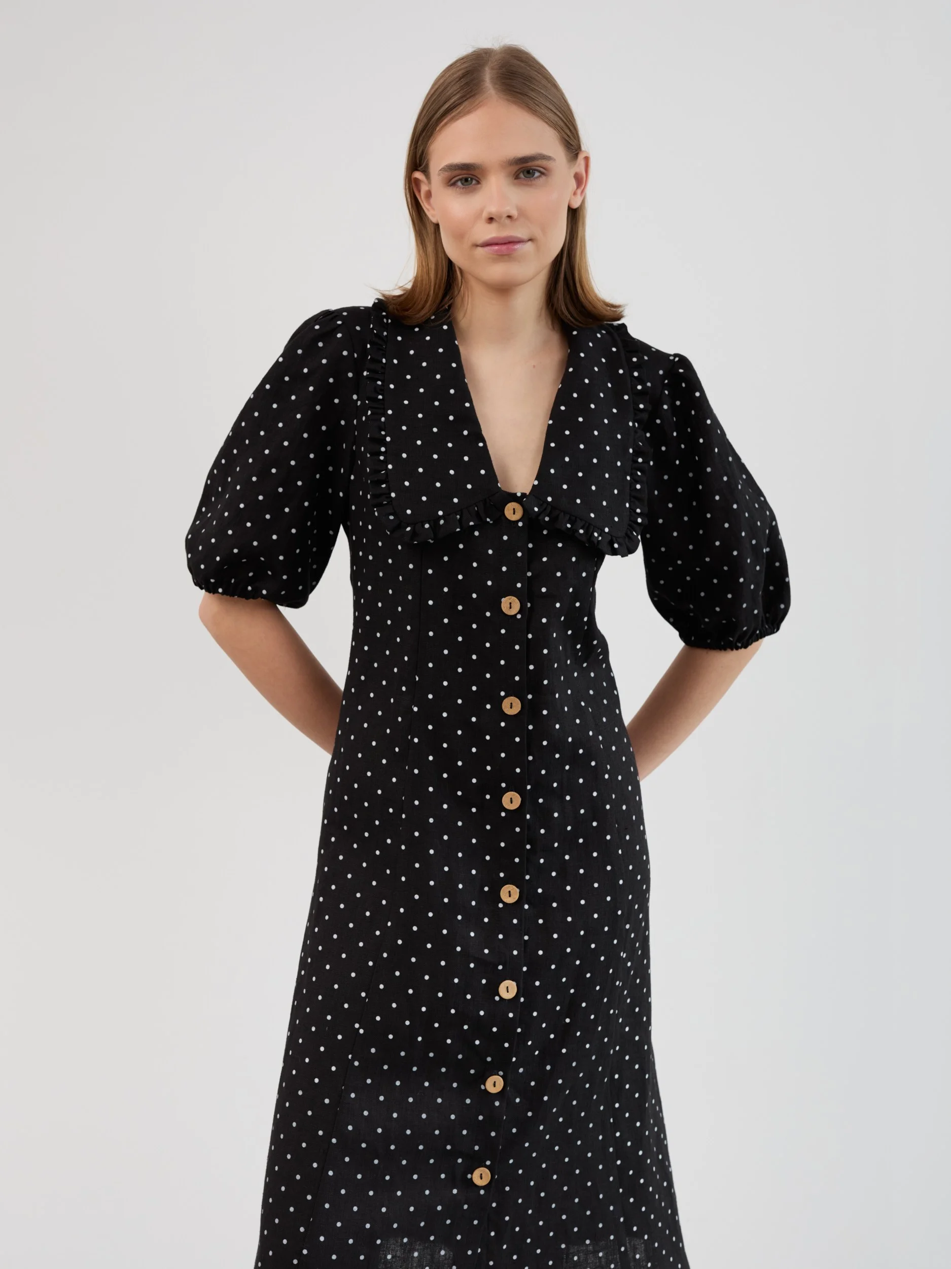 Image 1 of AUBREY Linen Midi Dress with Ruffled Collar, Puff Sleeves and Button Front in Black Polka Dot