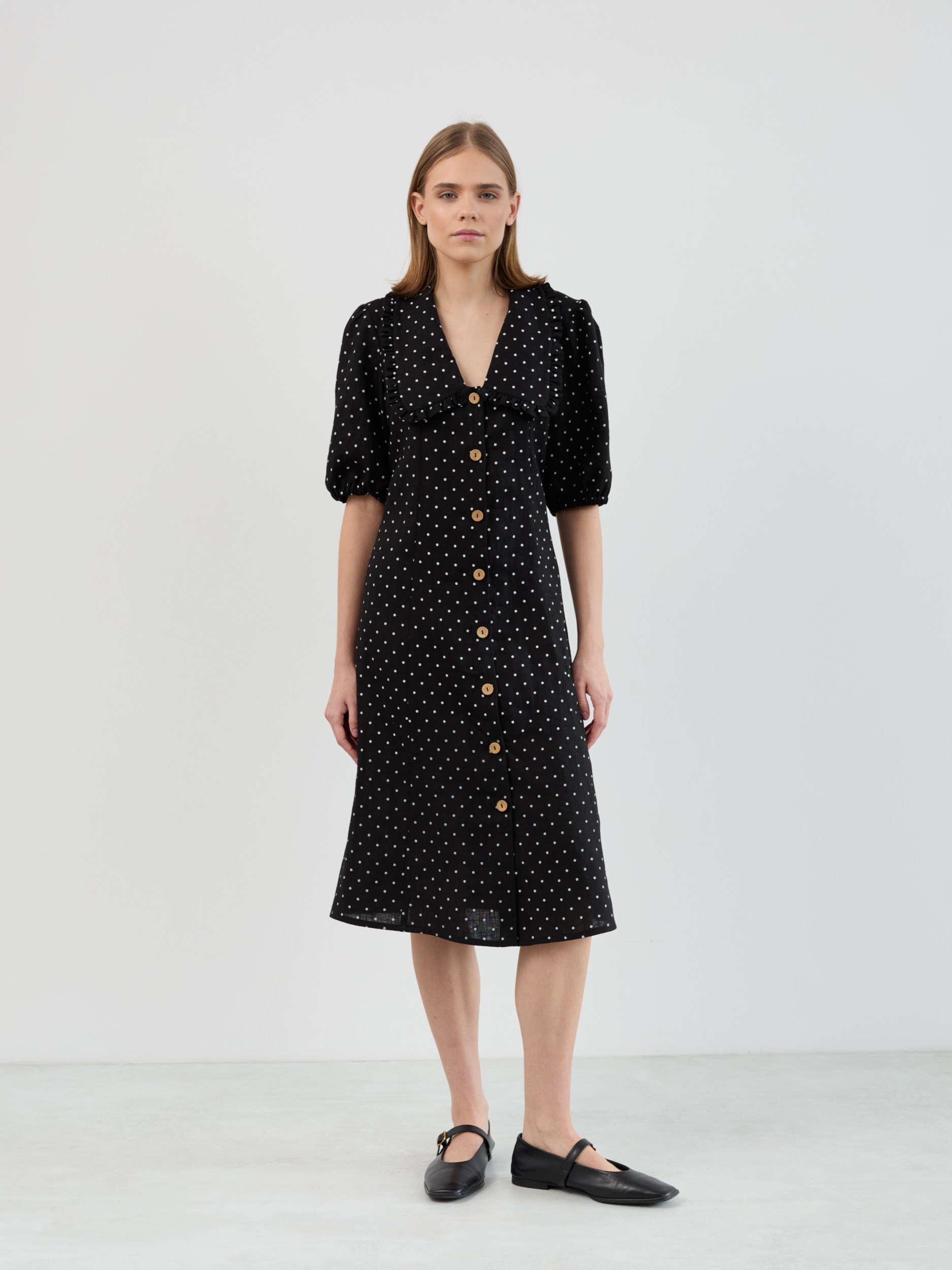 AUBREY Linen Midi Dress with Ruffled Collar, Puff Sleeves, Button Front - Image 2