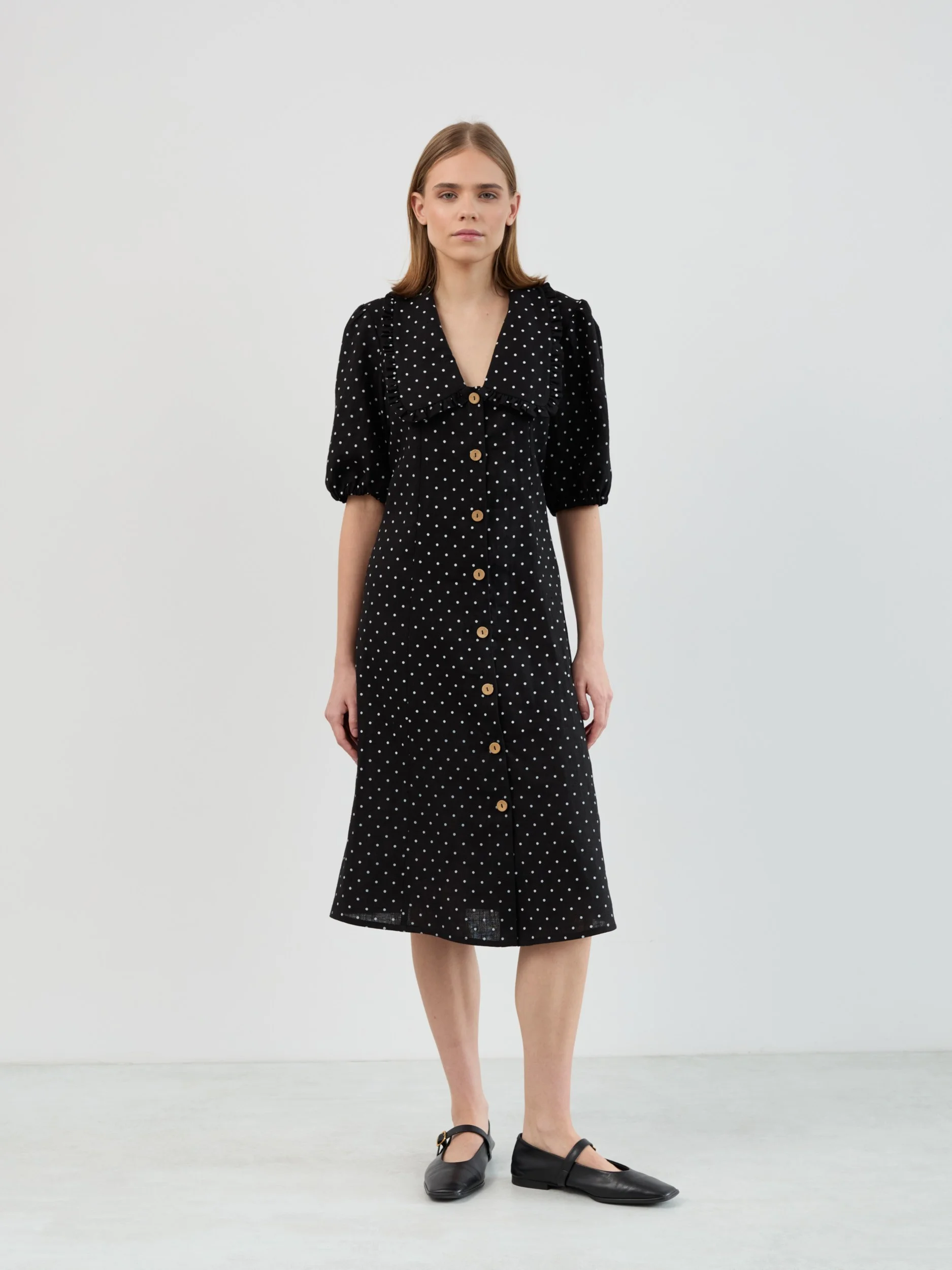 Image 2 of AUBREY Linen Midi Dress with Ruffled Collar, Puff Sleeves and Button Front in Black Polka Dot