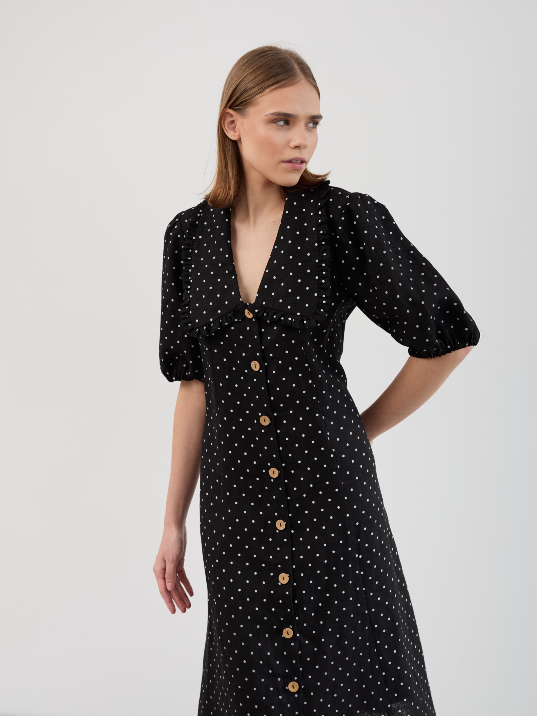 AUBREY Linen Midi Dress with Ruffled Collar, Puff Sleeves, Button Front - Image 3