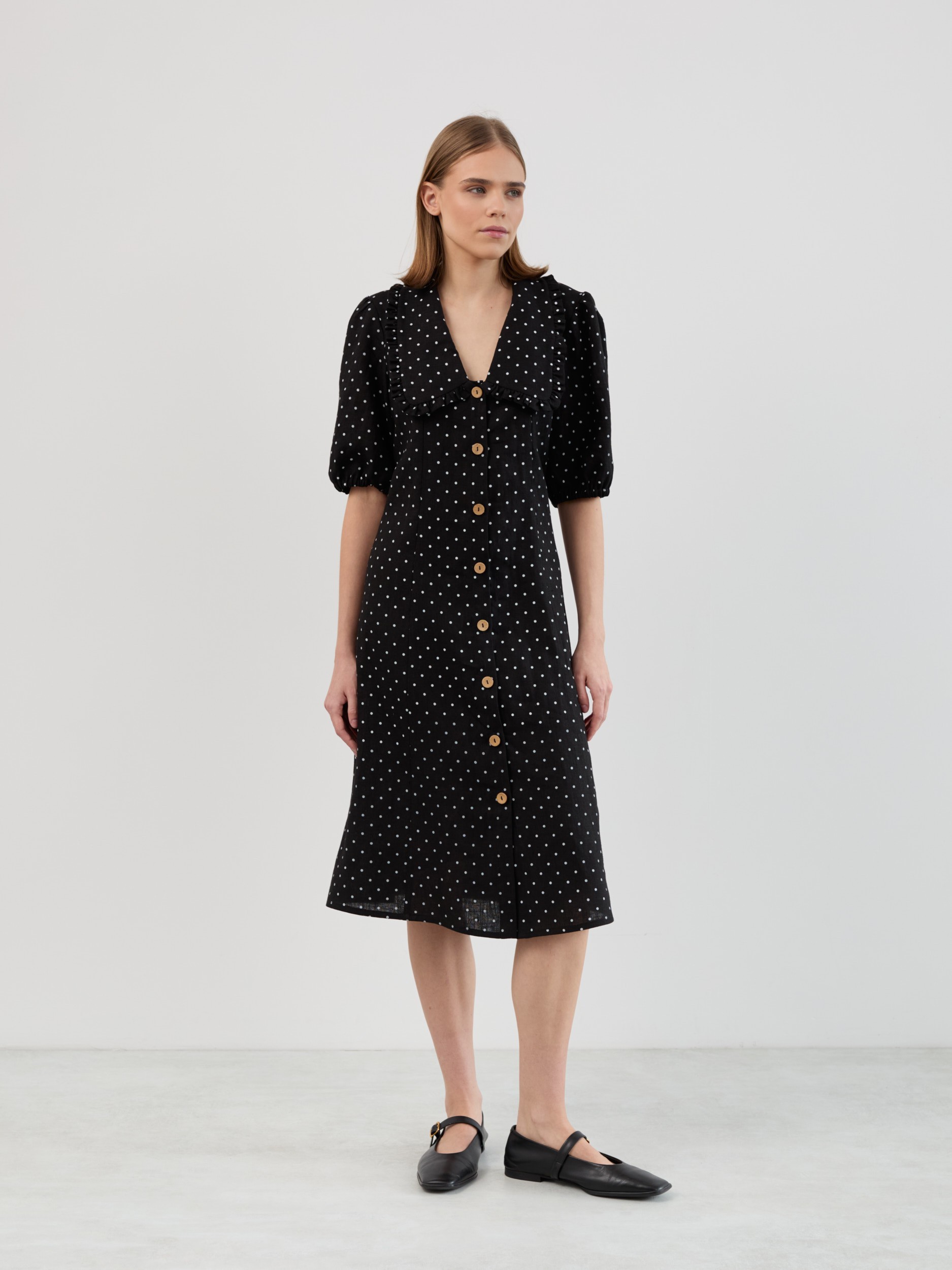 AUBREY Linen Midi Dress with Ruffled Collar, Puff Sleeves, Button Front - Image 4