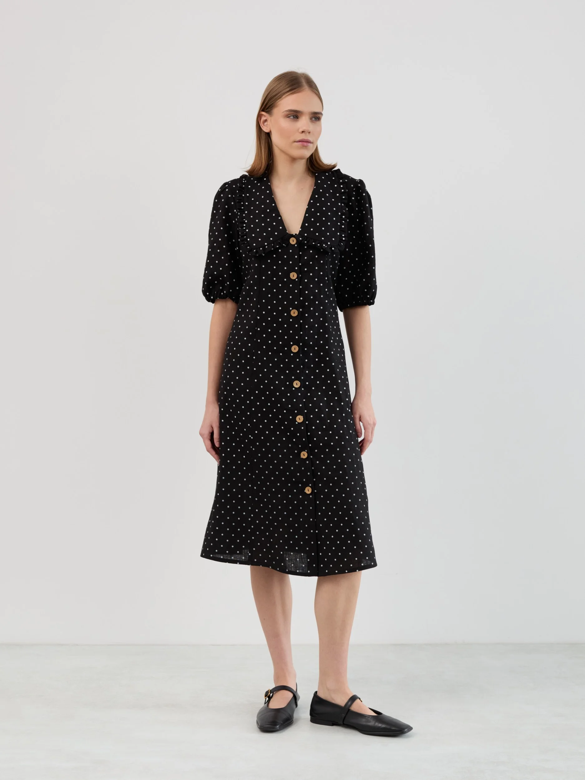 Image 4 of AUBREY Linen Midi Dress with Ruffled Collar, Puff Sleeves and Button Front in Black Polka Dot