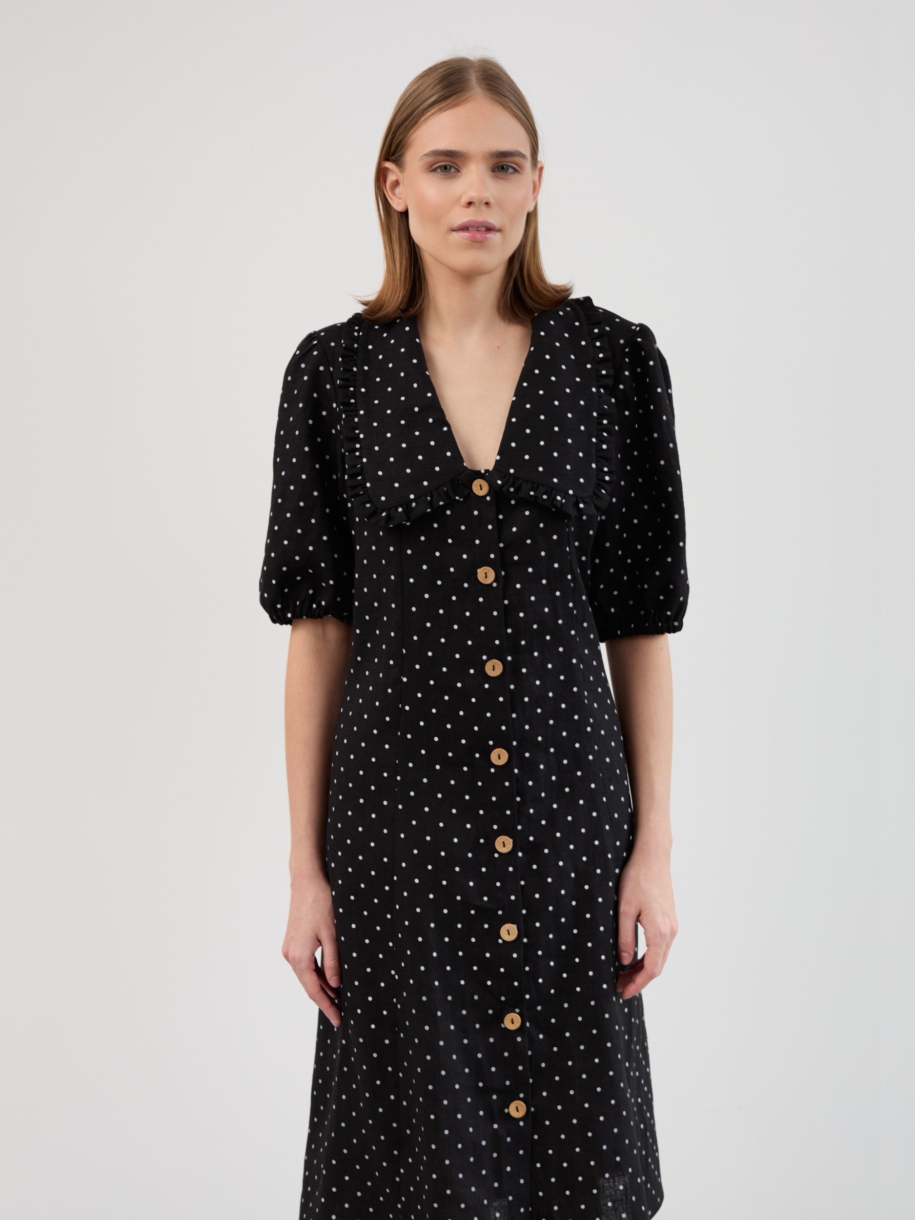 AUBREY Linen Midi Dress with Ruffled Collar, Puff Sleeves, Button Front - Image 5