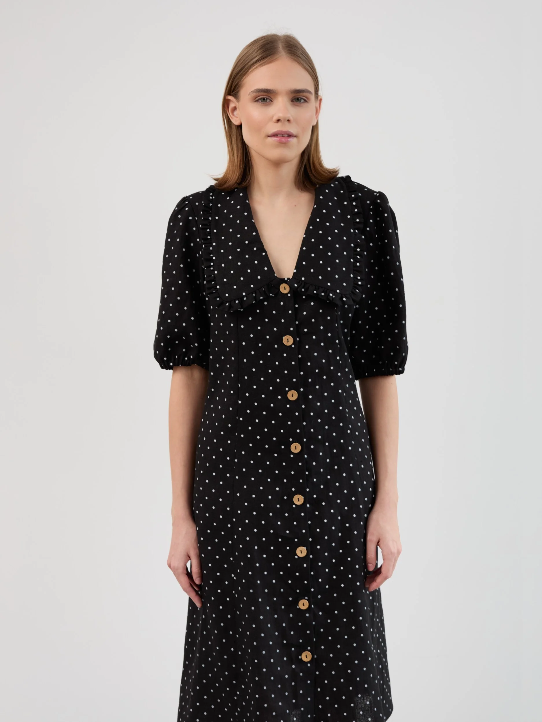 Image 5 of AUBREY Linen Midi Dress with Ruffled Collar, Puff Sleeves and Button Front in Black Polka Dot
