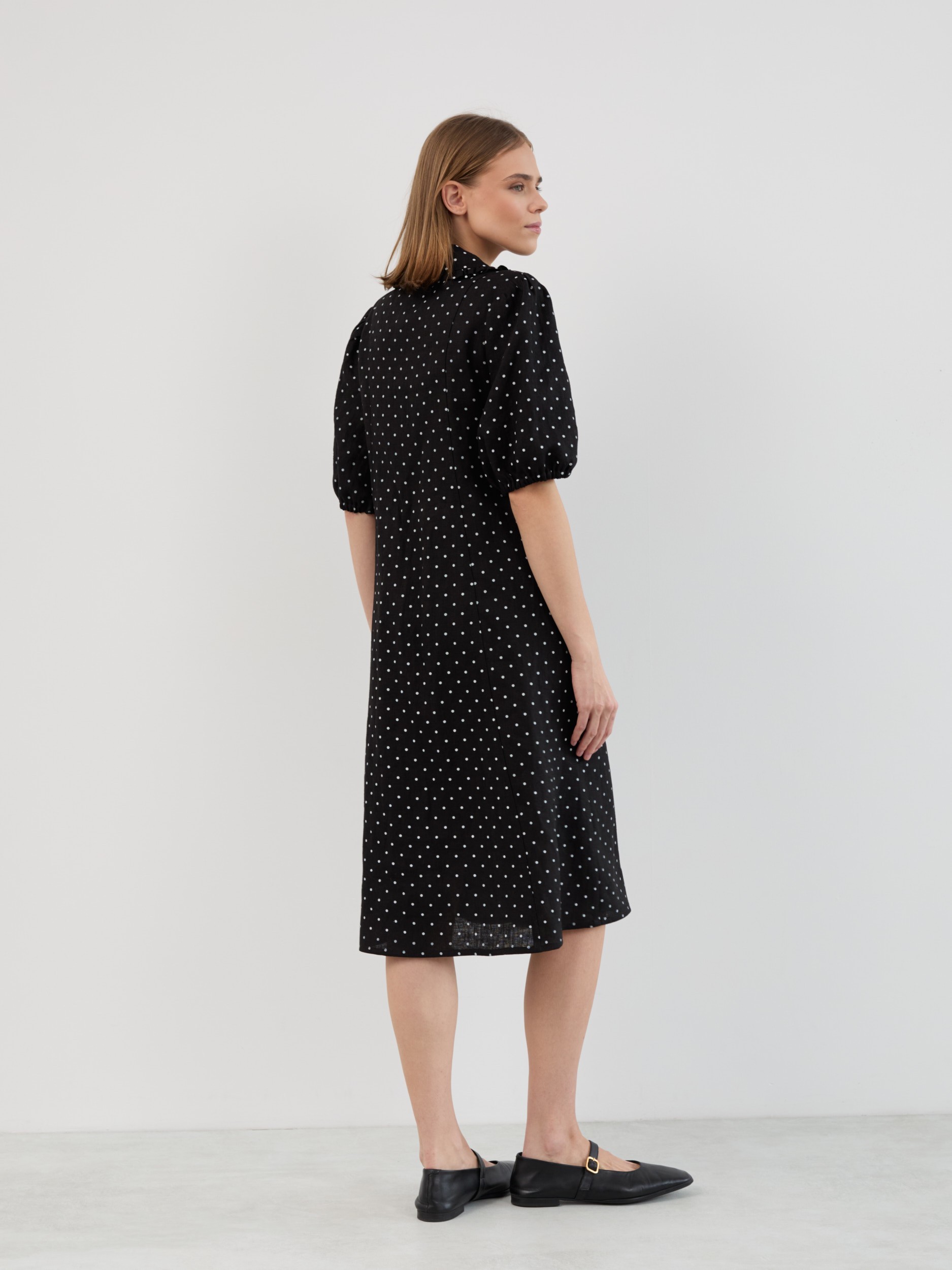 AUBREY Linen Midi Dress with Ruffled Collar, Puff Sleeves, Button Front - Image 6