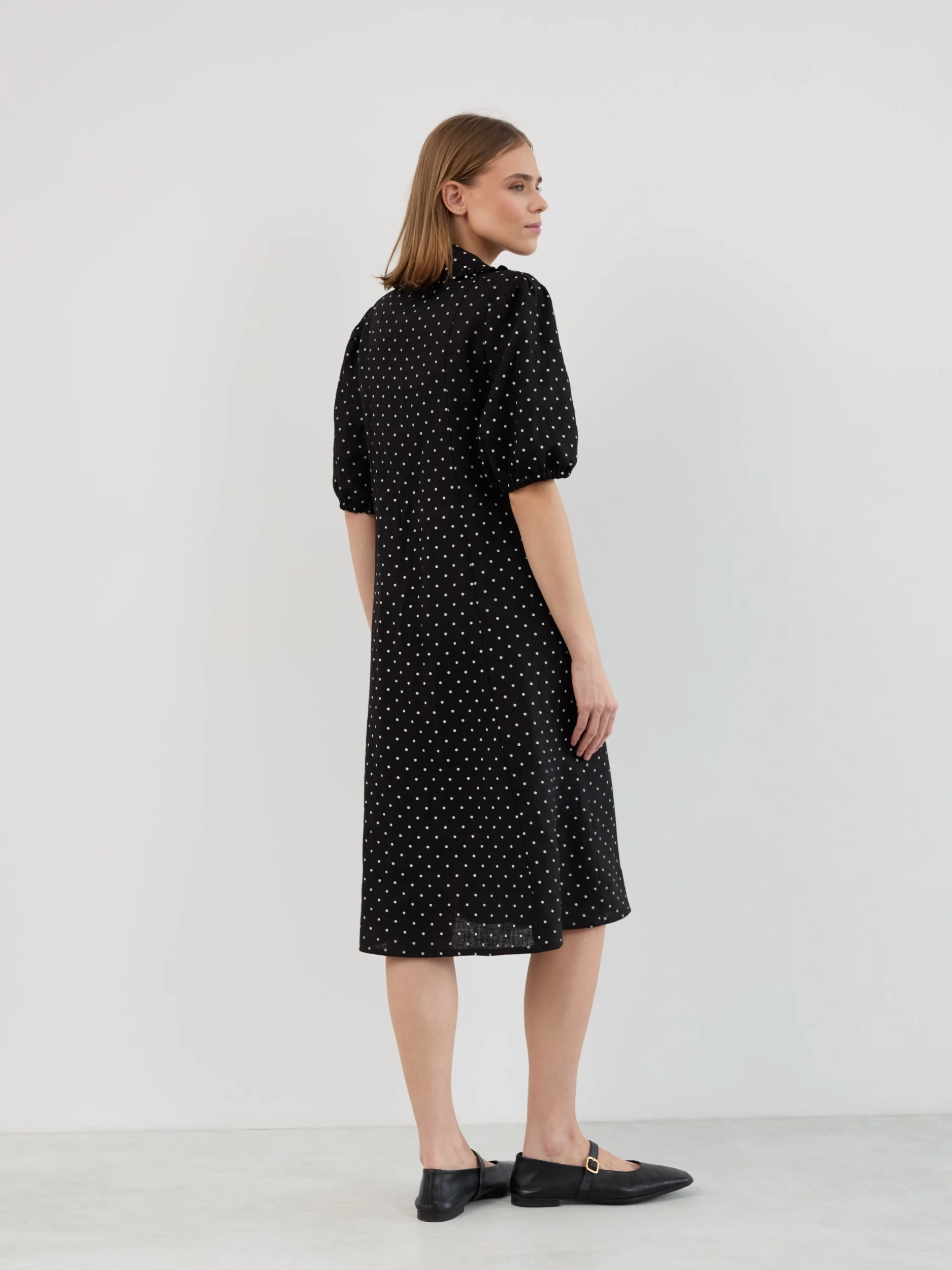 Image 6 of AUBREY Linen Midi Dress with Ruffled Collar, Puff Sleeves and Button Front in Black Polka Dot