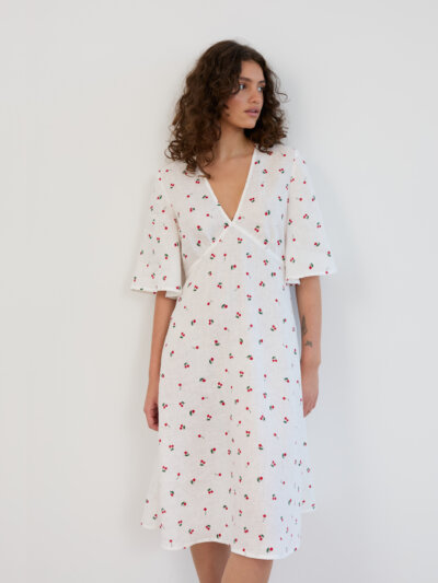 Linen Midi Dress with Short Bell Sleeves VIVIEN