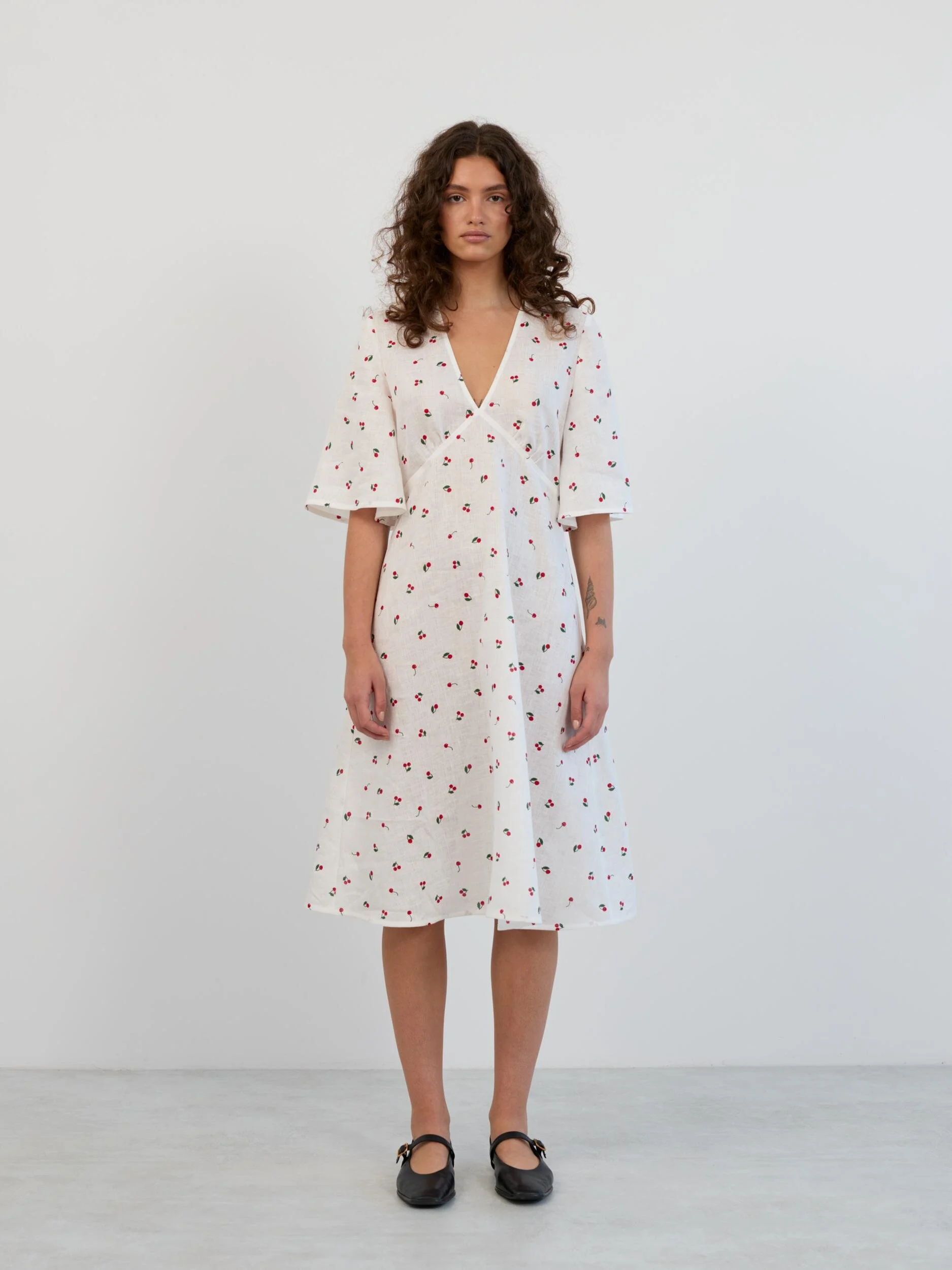 Image 2 of Linen Midi Dress with Short Bell Sleeves in Cherry Print VIVIEN from Love and Confuse | Handmade Linen Clothing for Women