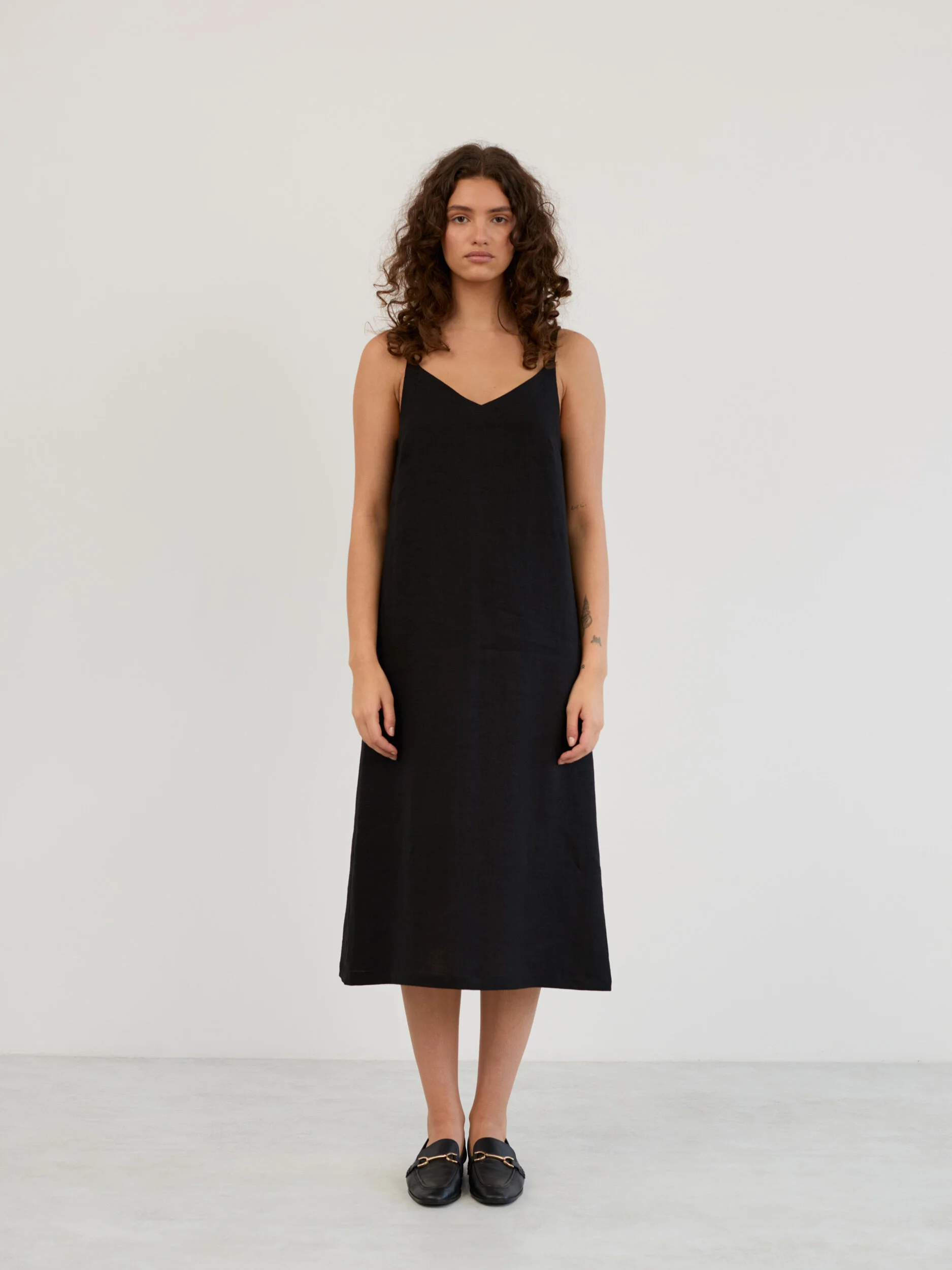 Image 3 of Linen V-Neck Slip Midi Dress in Black WILLOW from Love and Confuse | Handmade Linen Clothing for Women