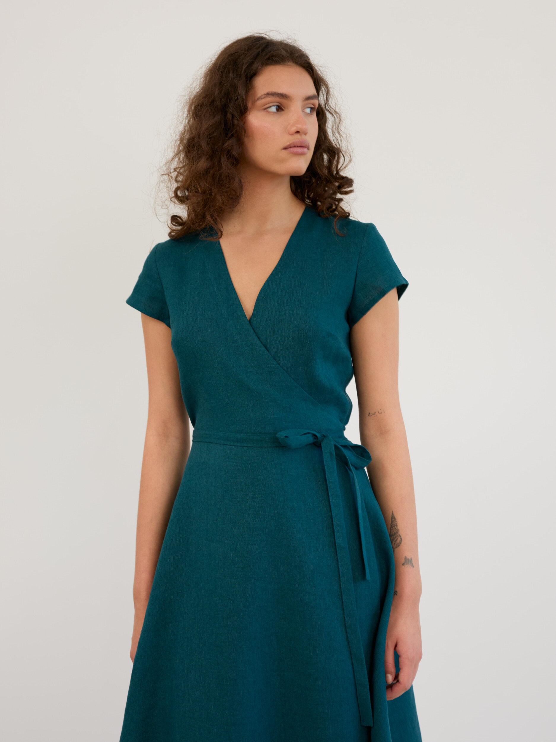 Linen Short Sleeve Wrap Midi Dress AYLA - Image 1