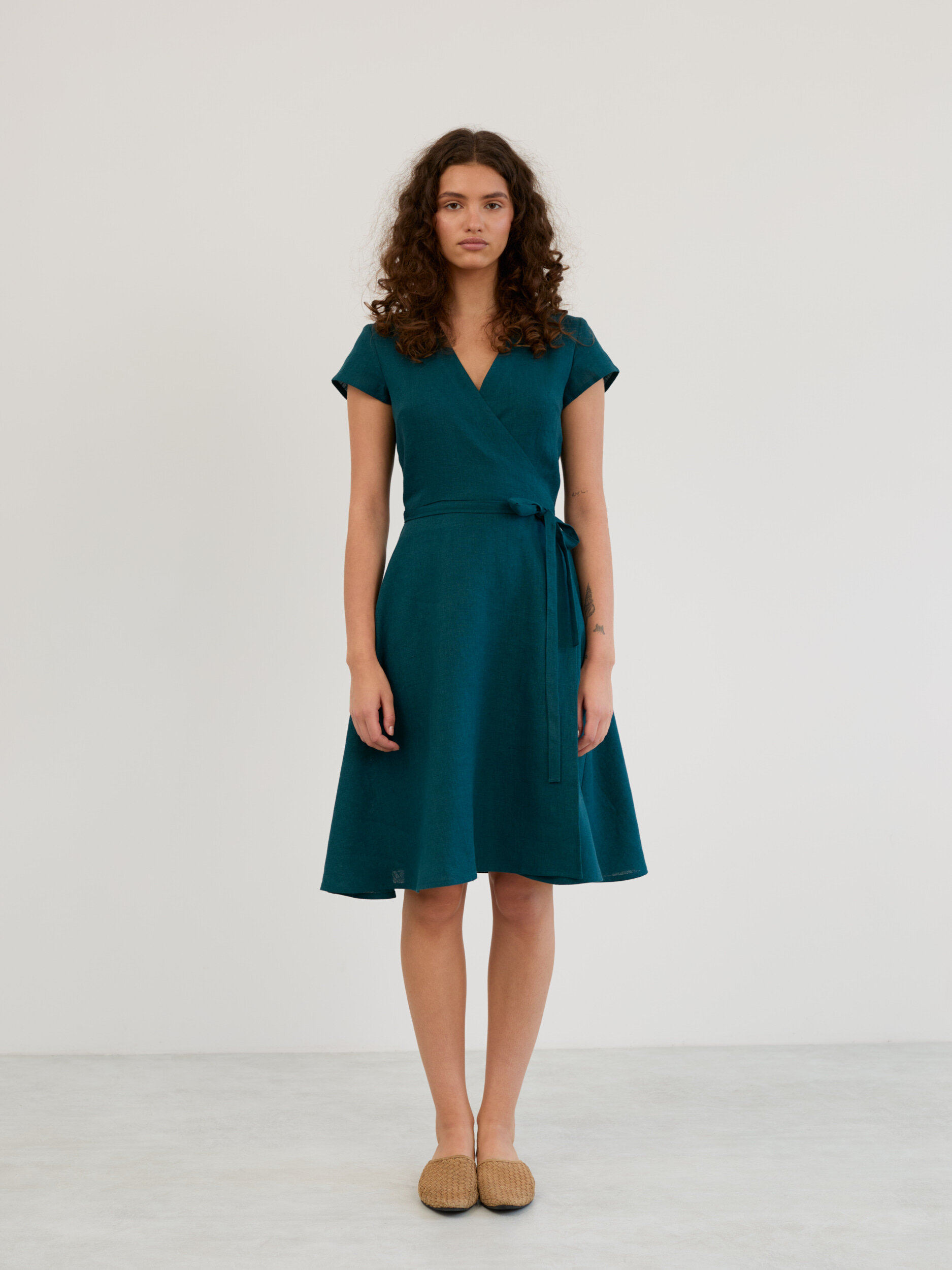 Linen Short Sleeve Wrap Midi Dress AYLA - Image 2