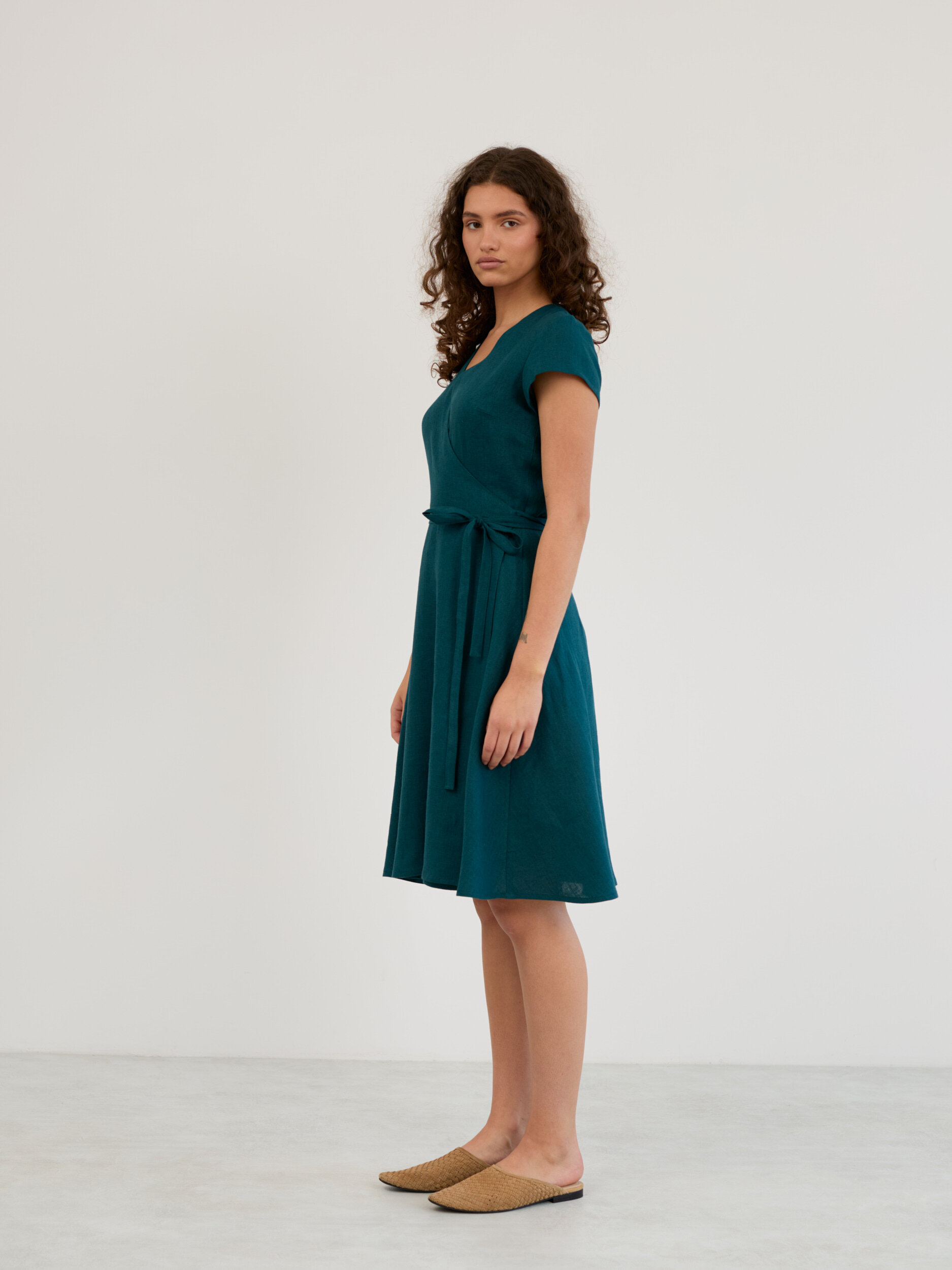 Linen Short Sleeve Wrap Midi Dress AYLA - Image 3
