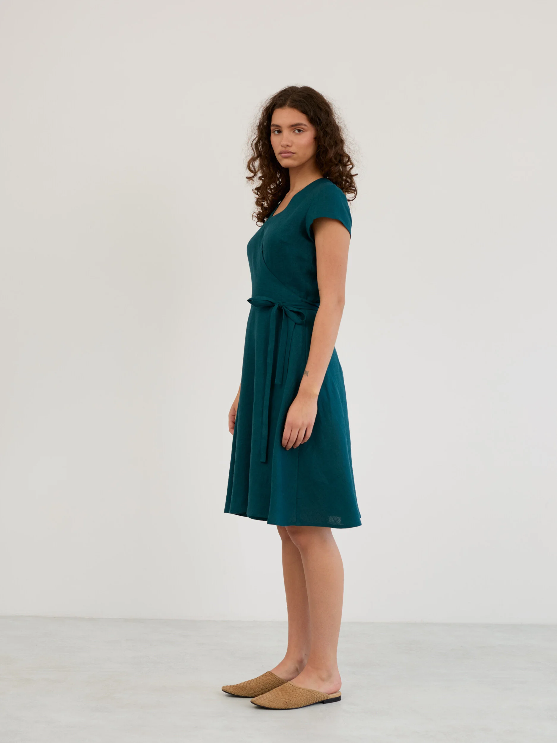 Image 3 of Linen Short Sleeve Wrap Midi Dress in Emerald Blue AYLA from Love and Confuse | Handmade Linen Clothing for Women