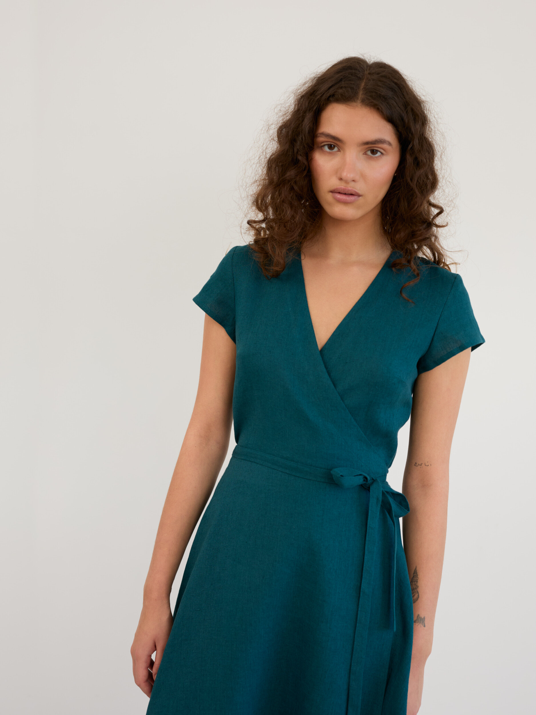Linen Short Sleeve Wrap Midi Dress AYLA - Image 4
