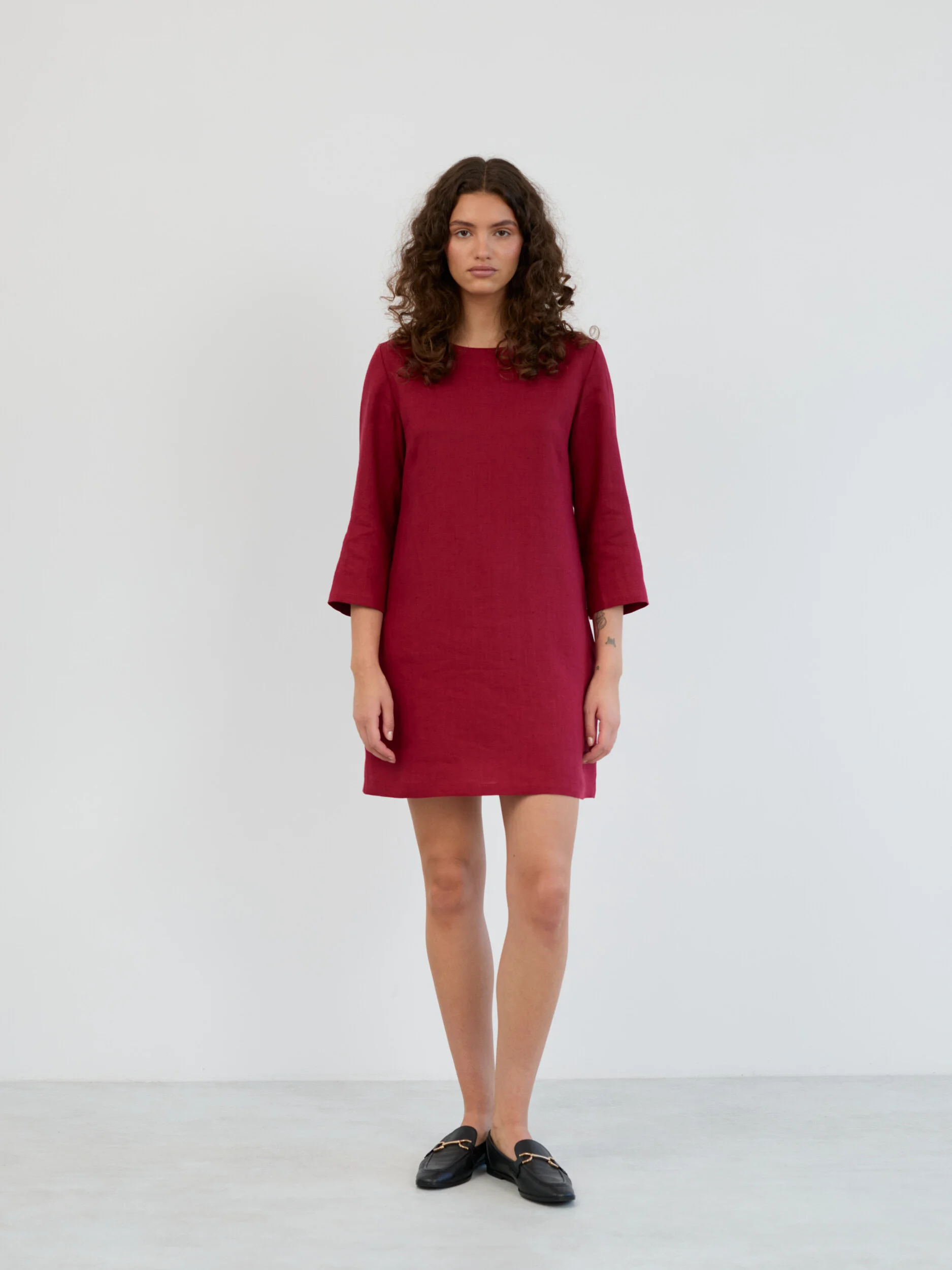 Image 2 of Linen 3/4 Sleeve Mini Dress in Cherry Red MABEL from Love and Confuse | Handmade Linen Clothing for Women