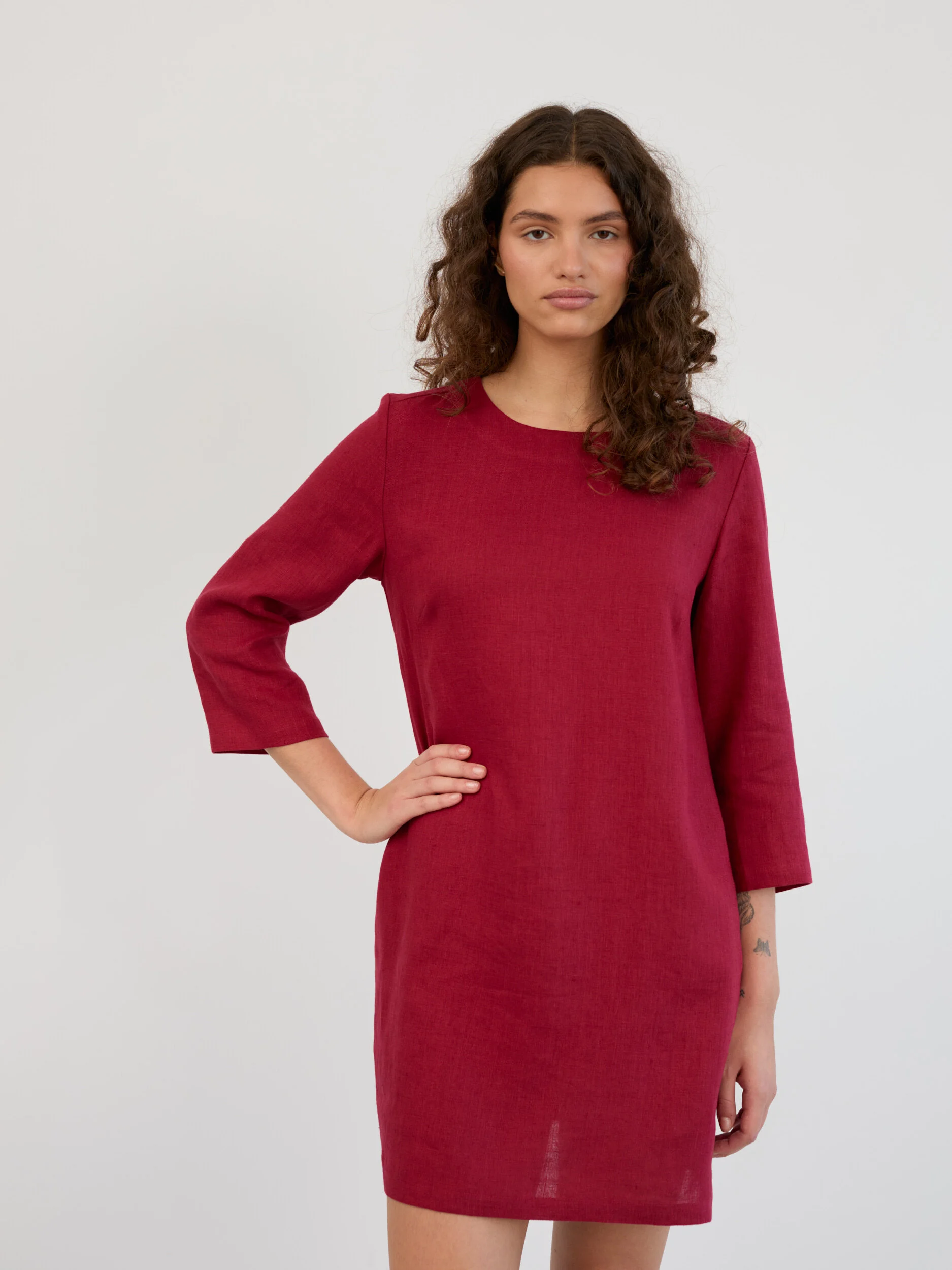 Image 3 of Linen 3/4 Sleeve Mini Dress in Cherry Red MABEL from Love and Confuse | Handmade Linen Clothing for Women