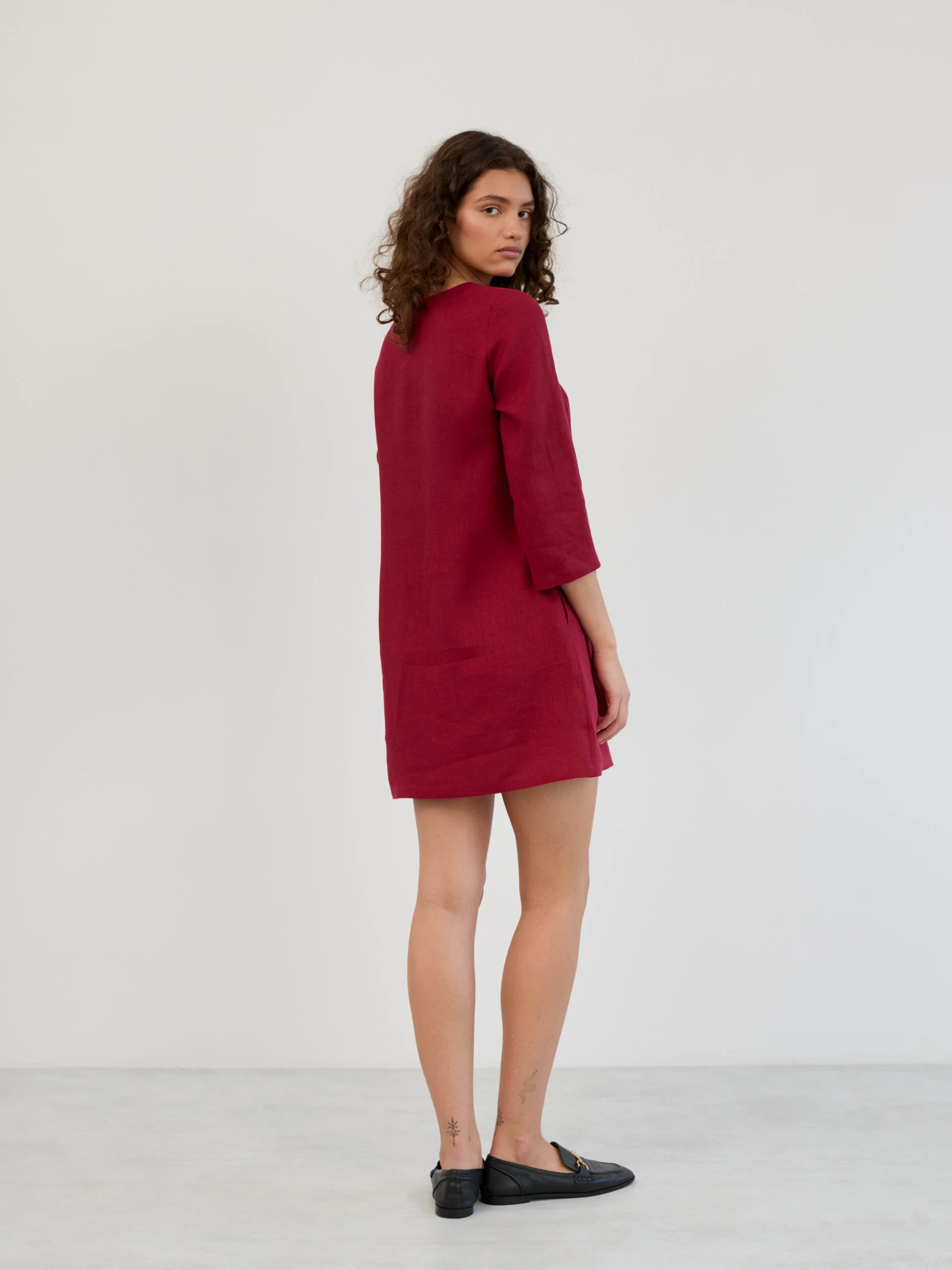 Image 5 of Linen 3/4 Sleeve Mini Dress in Cherry Red MABEL from Love and Confuse | Handmade Linen Clothing for Women