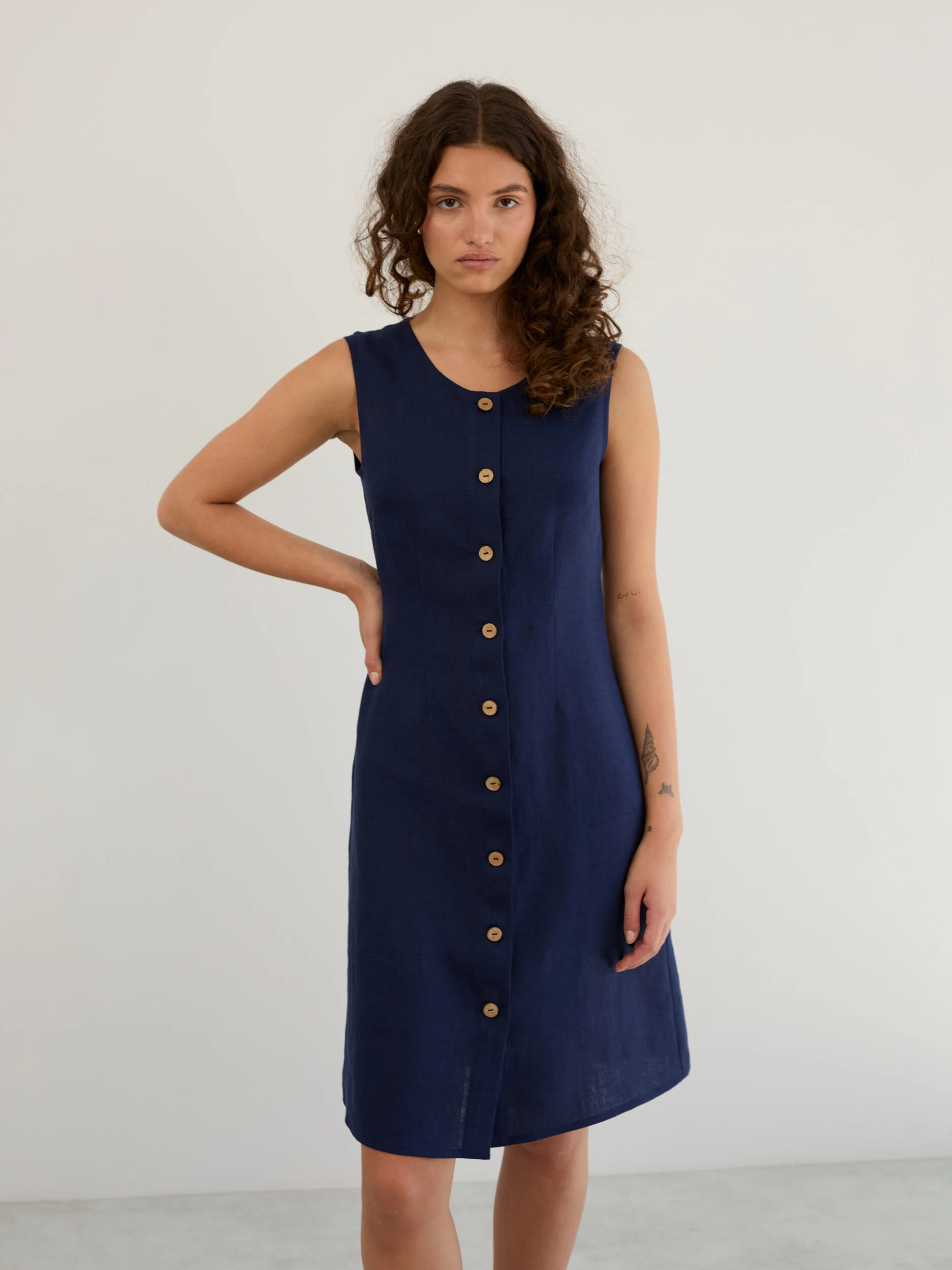 Image 1 of Linen Sleeveless Button Front Dress in Navy Blue IMOGEN from Love and Confuse | Handmade Linen Clothing for Women