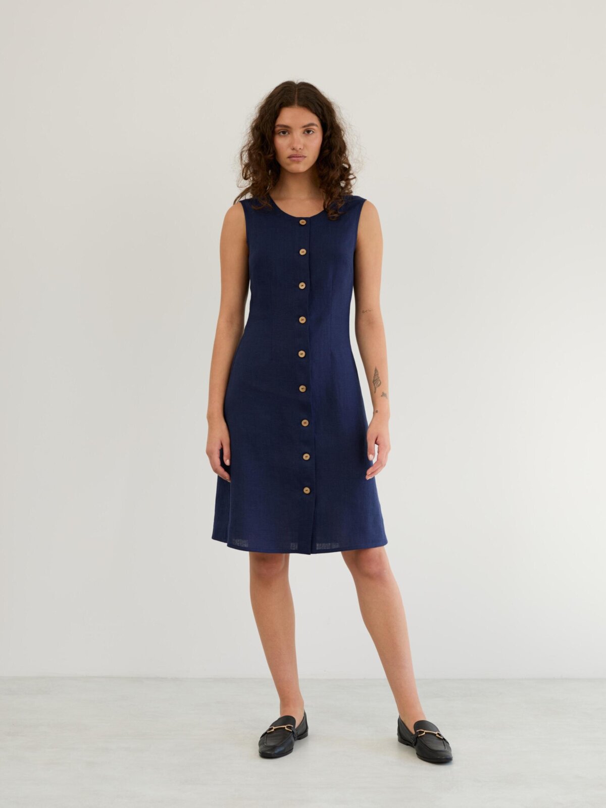 Image 2 of Linen Sleeveless Button Front Dress in Navy Blue IMOGEN from Love and Confuse | Handmade Linen Clothing for Women