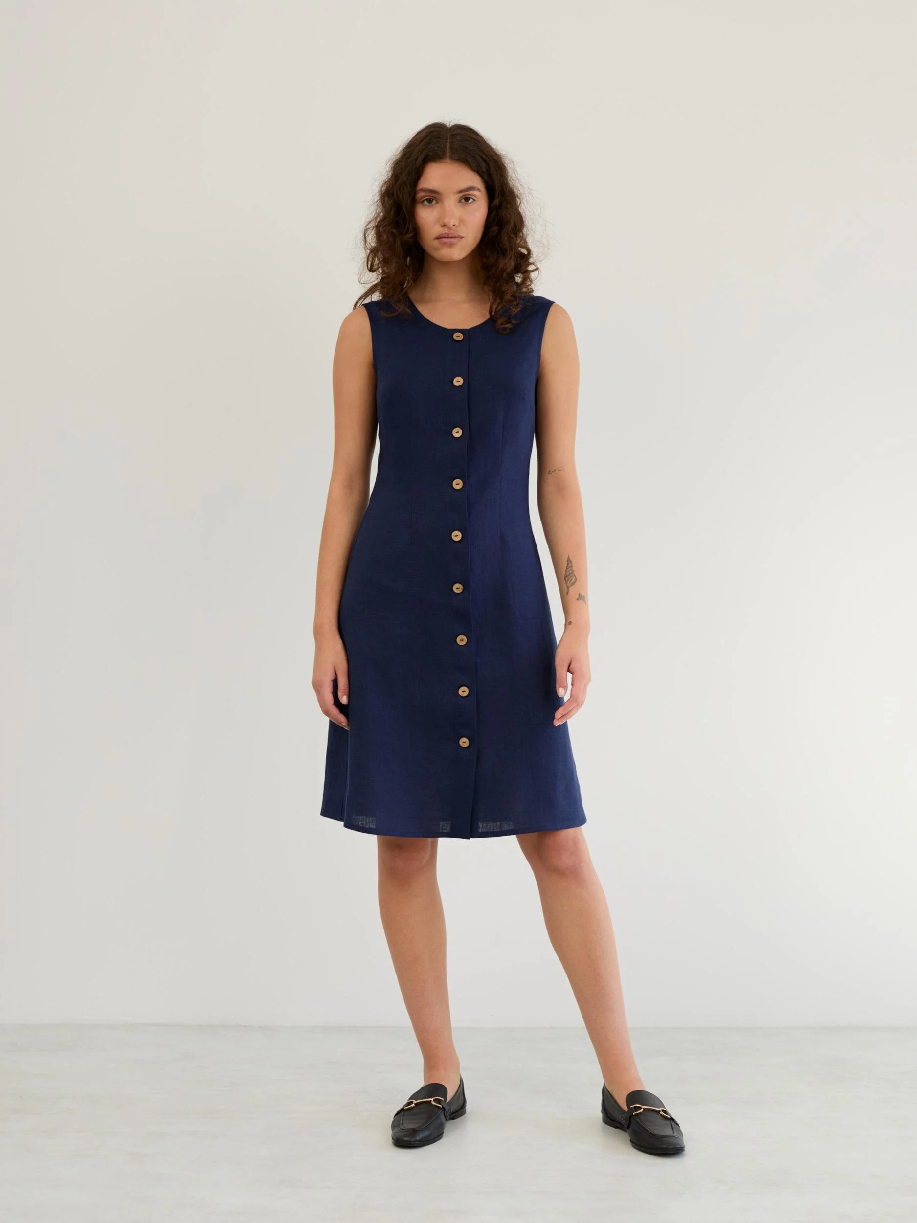 Image 2 of Linen Sleeveless Button Front Dress in Navy Blue IMOGEN from Love and Confuse | Handmade Linen Clothing for Women
