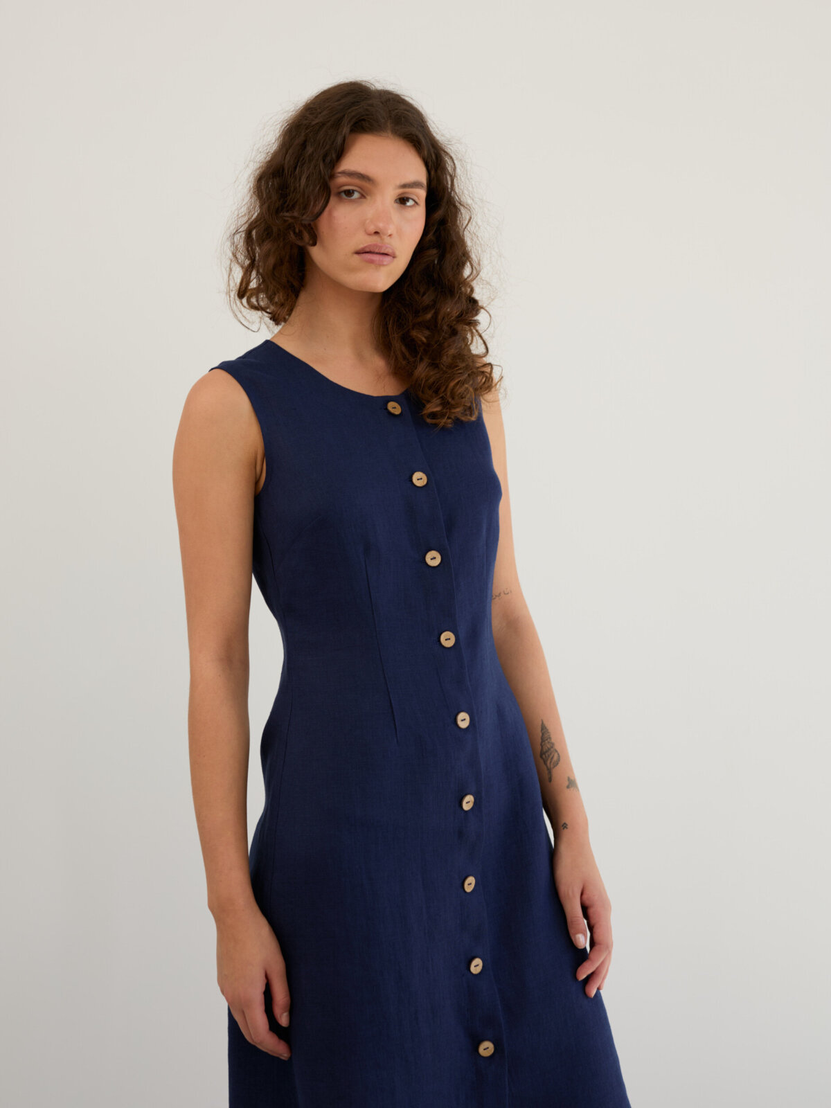 Image 3 of Linen Sleeveless Button Front Dress in Navy Blue IMOGEN from Love and Confuse | Handmade Linen Clothing for Women