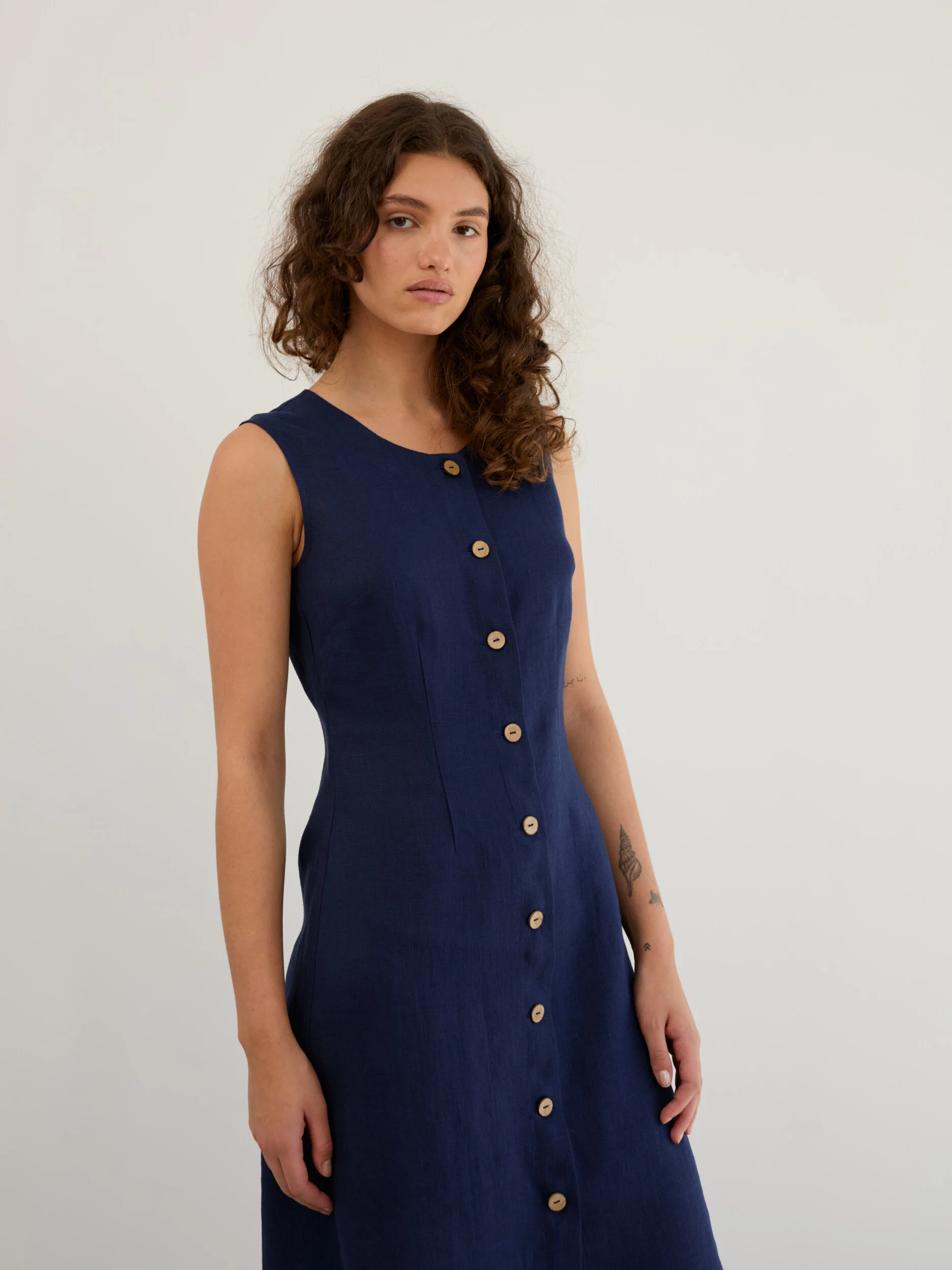 Image 3 of Linen Sleeveless Button Front Dress in Navy Blue IMOGEN from Love and Confuse | Handmade Linen Clothing for Women
