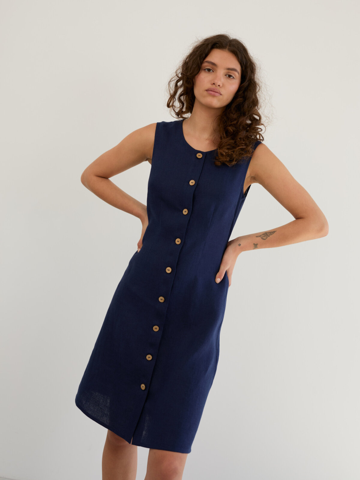 Image 5 of Linen Sleeveless Button Front Dress in Navy Blue IMOGEN from Love and Confuse | Handmade Linen Clothing for Women