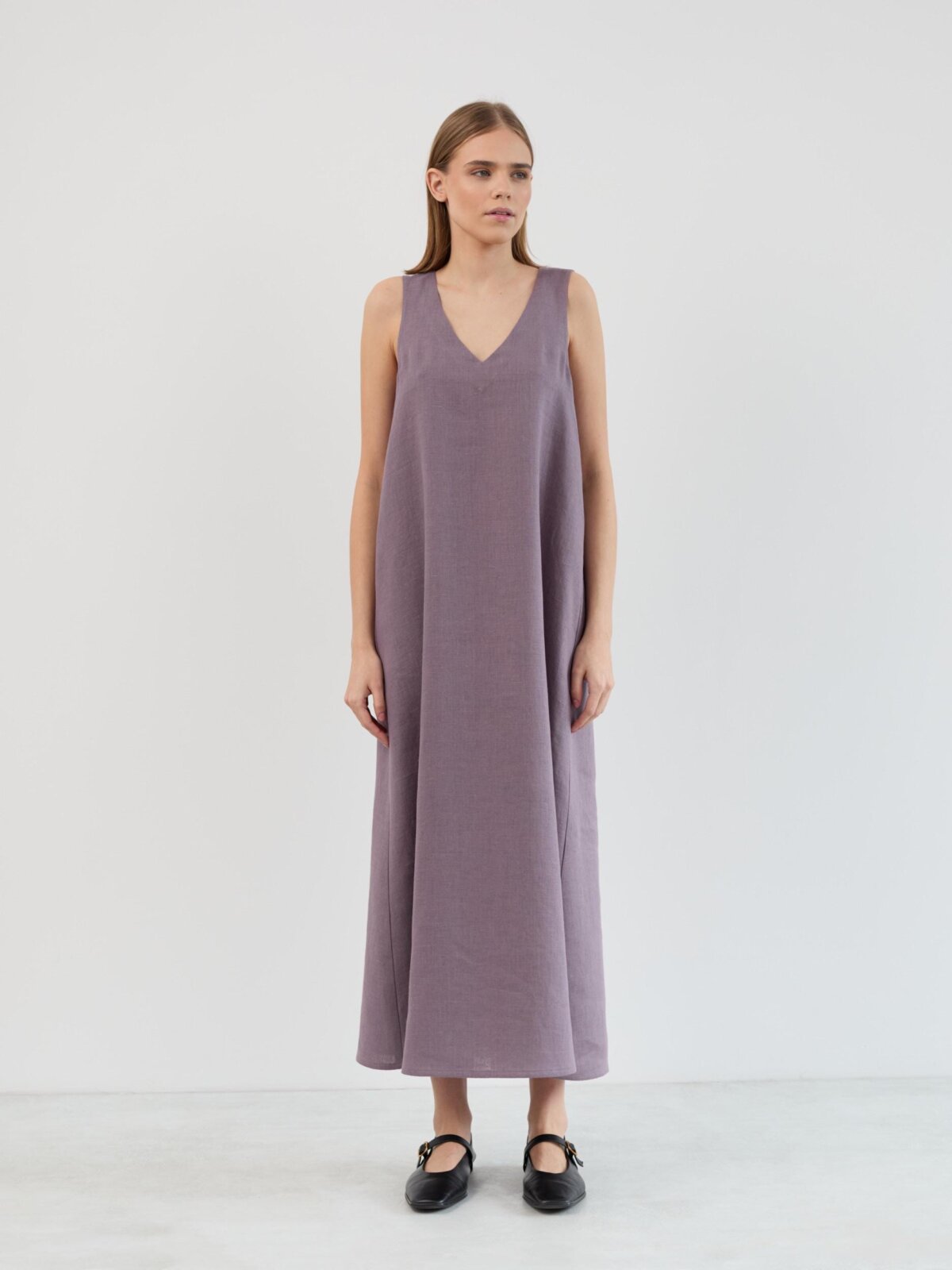Lanav linen maxi dress worn straight on, ankle-length sleeveless cut in lavender violet with a clean minimal A-line shape