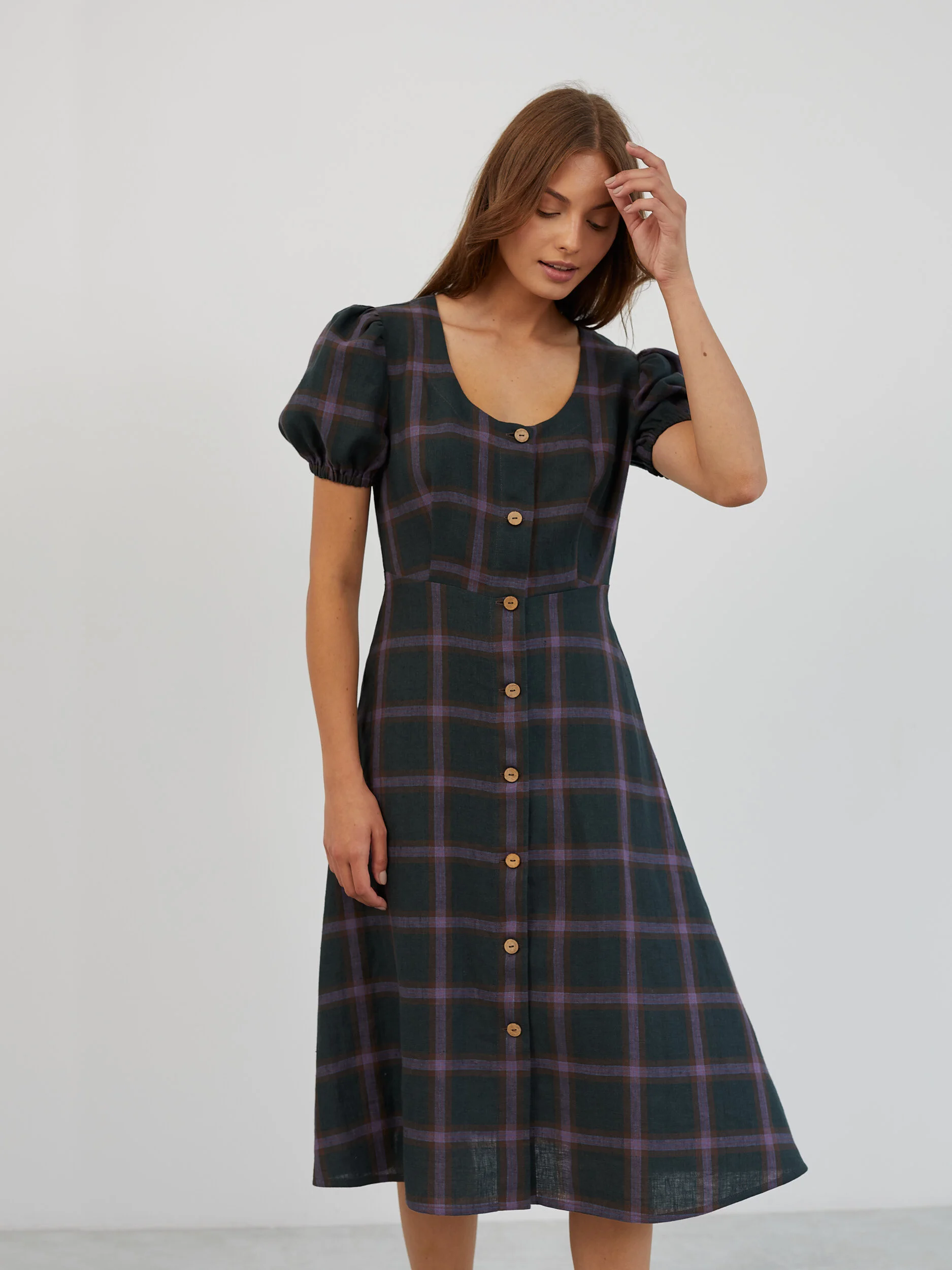 Image 2 of Puff Sleeve Linen Midi Dress in Plaid Purple AURELIA from Love and Confuse | Handmade Linen Clothing for Women