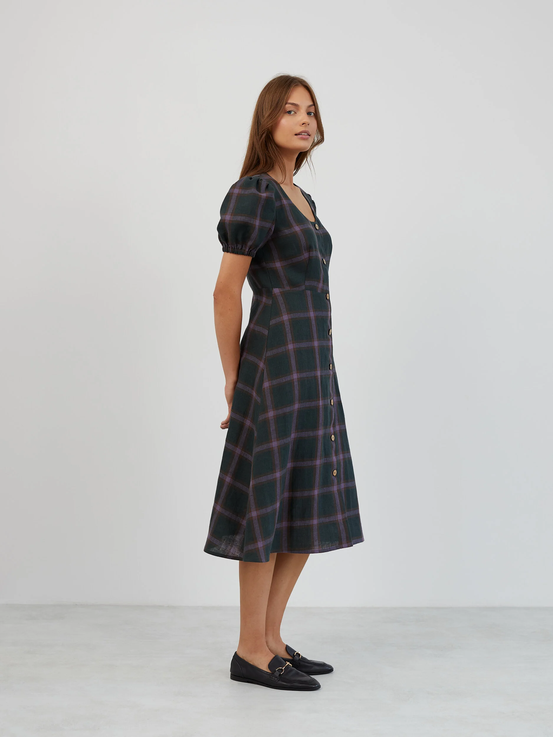 Image 3 of Puff Sleeve Linen Midi Dress in Plaid Purple AURELIA from Love and Confuse | Handmade Linen Clothing for Women