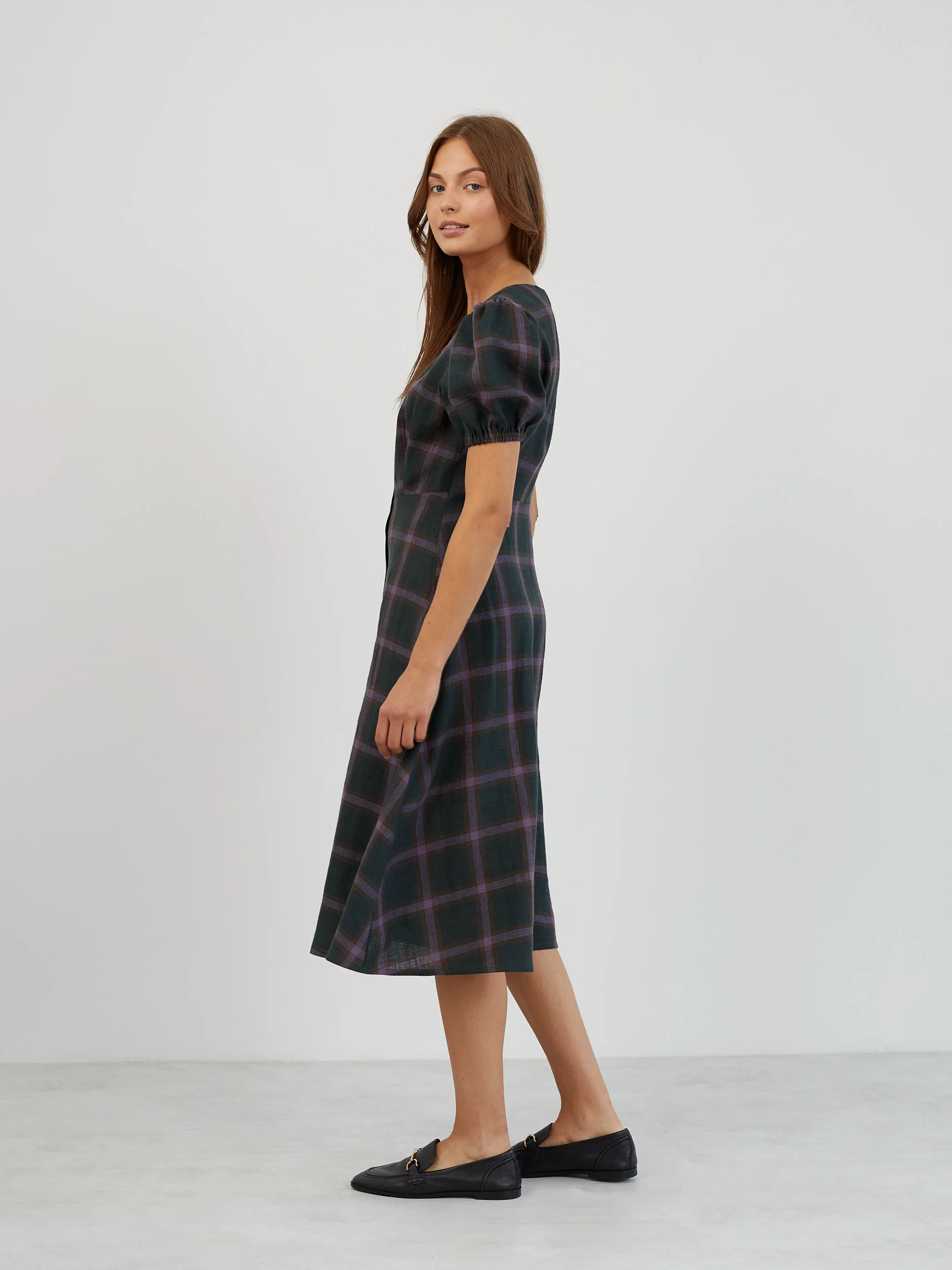 Image 6 of Puff Sleeve Linen Midi Dress in Plaid Purple AURELIA from Love and Confuse | Handmade Linen Clothing for Women