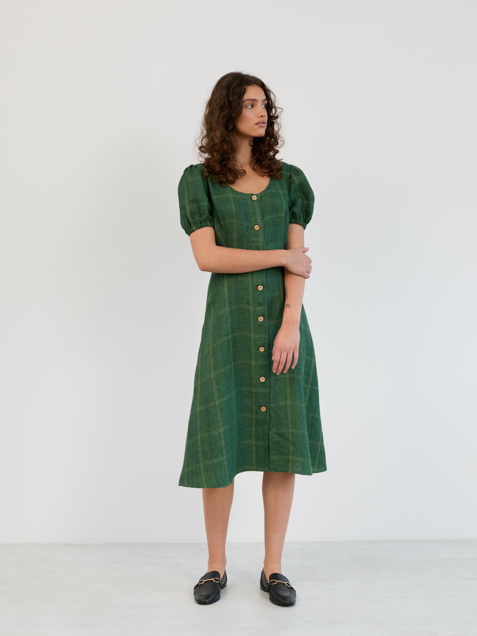 Linen Puff Sleeve Midi Dress AURELIA - Image 1