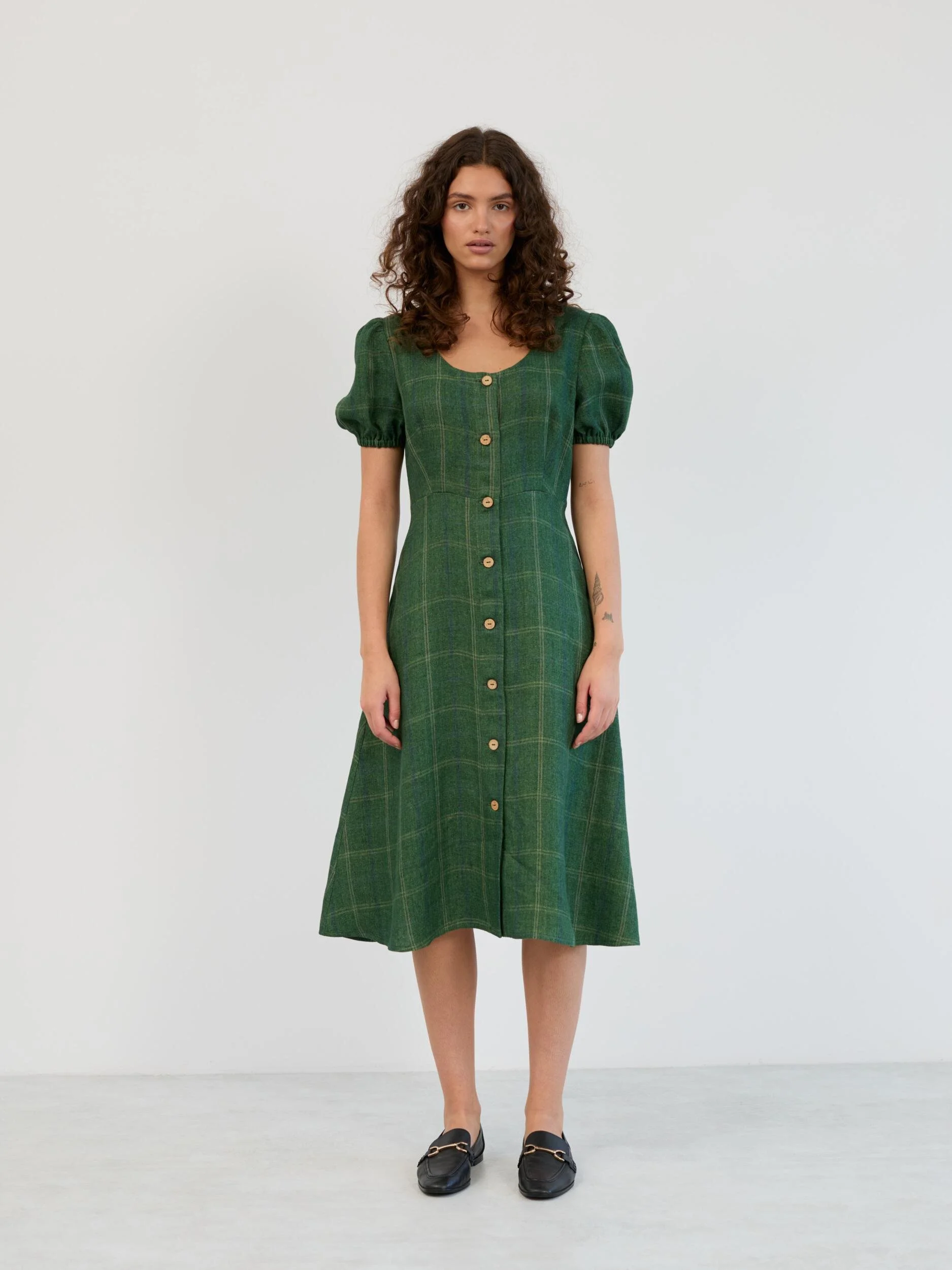 Image 3 of Linen Puff Sleeve Midi Dress in Green Plaid AURELIA from Love and Confuse | Handmade Linen Clothing for Women