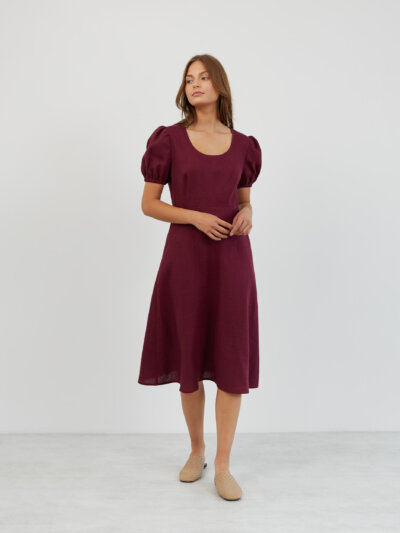 Puff Sleeve Linen Midi Dress CAROLINA