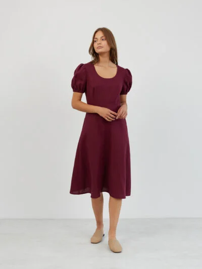 Puff Sleeve Linen Midi Dress CAROLINA