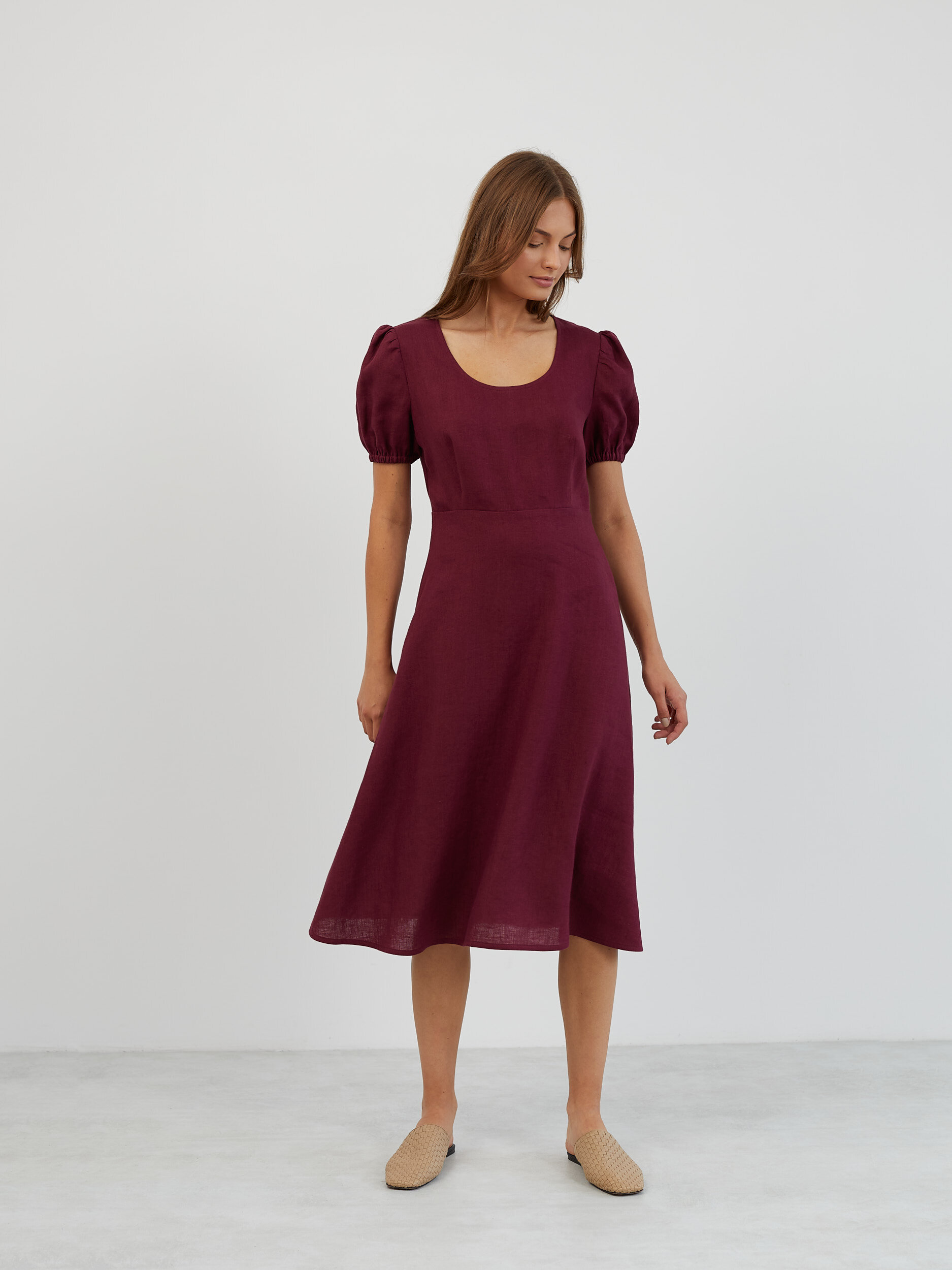Puff Sleeve Linen Midi Dress CAROLINA - Image 3