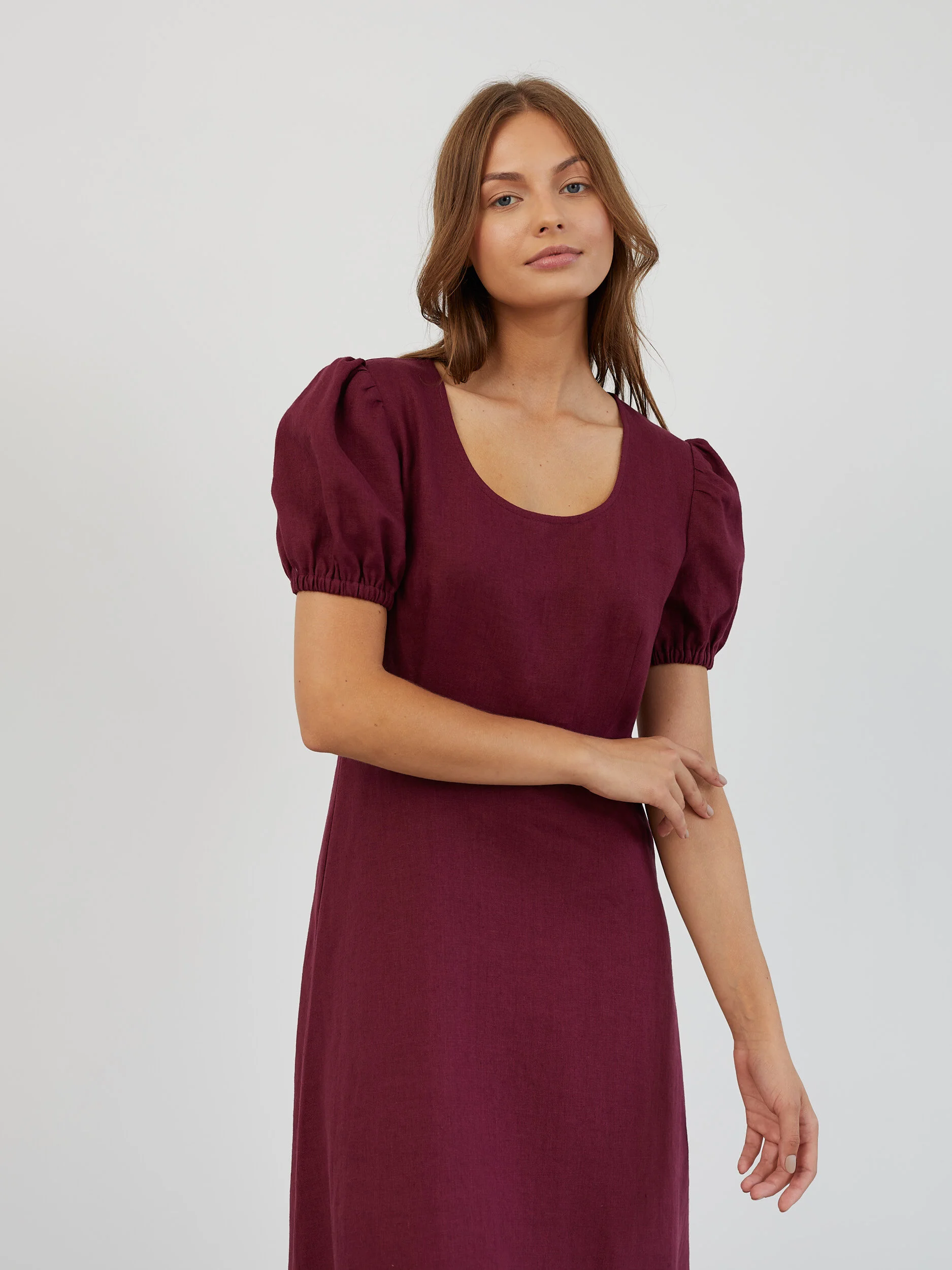 Image 5 of Puff Sleeve Linen Midi Dress in Eggplant CAROLINA from Love and Confuse | Handmade Linen Clothing for Women