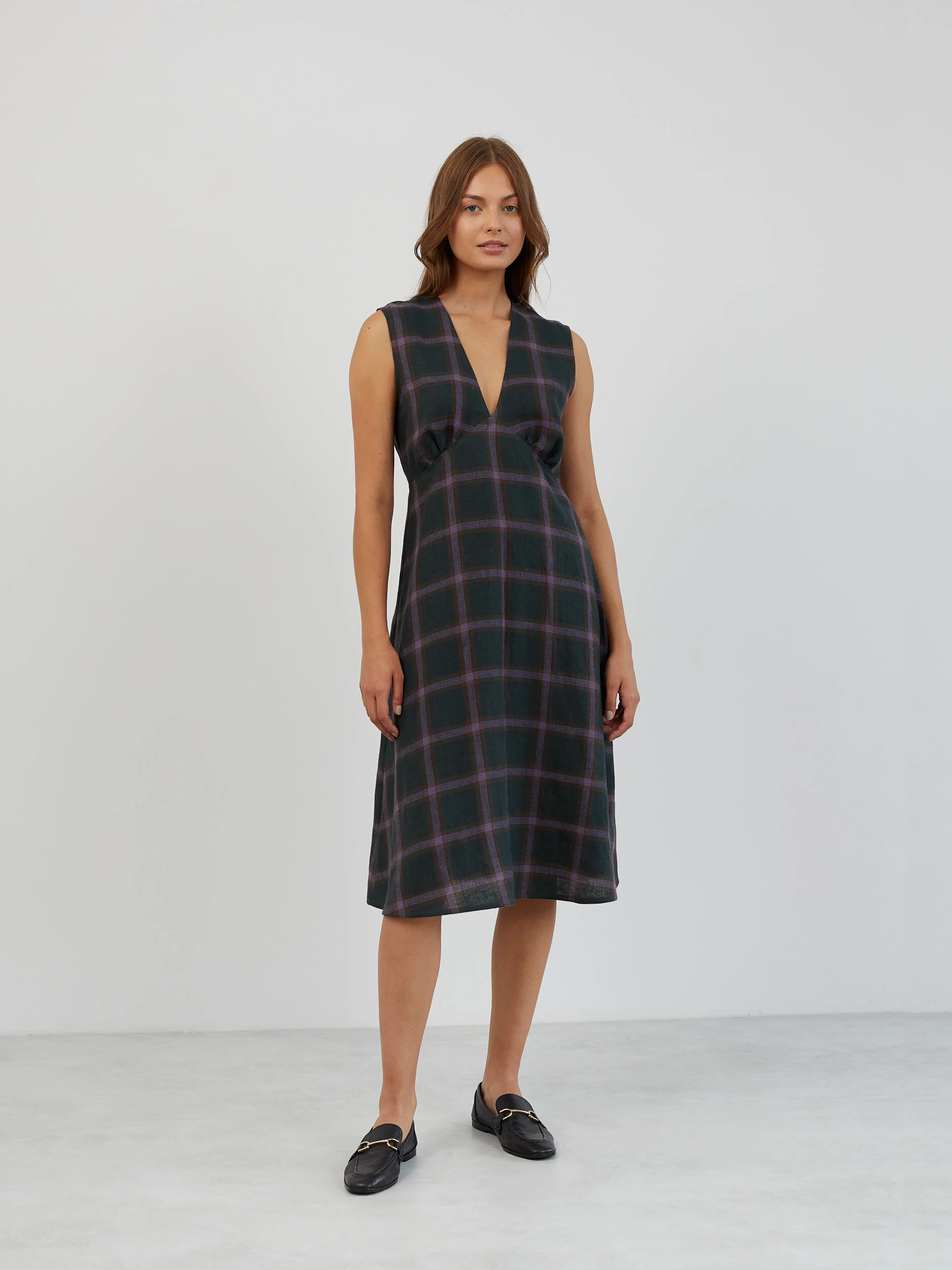 Image 3 of Sleeveless Linen Midi Dress in Plaid Purple LAURA from Love and Confuse | Handmade Linen Clothing for Women