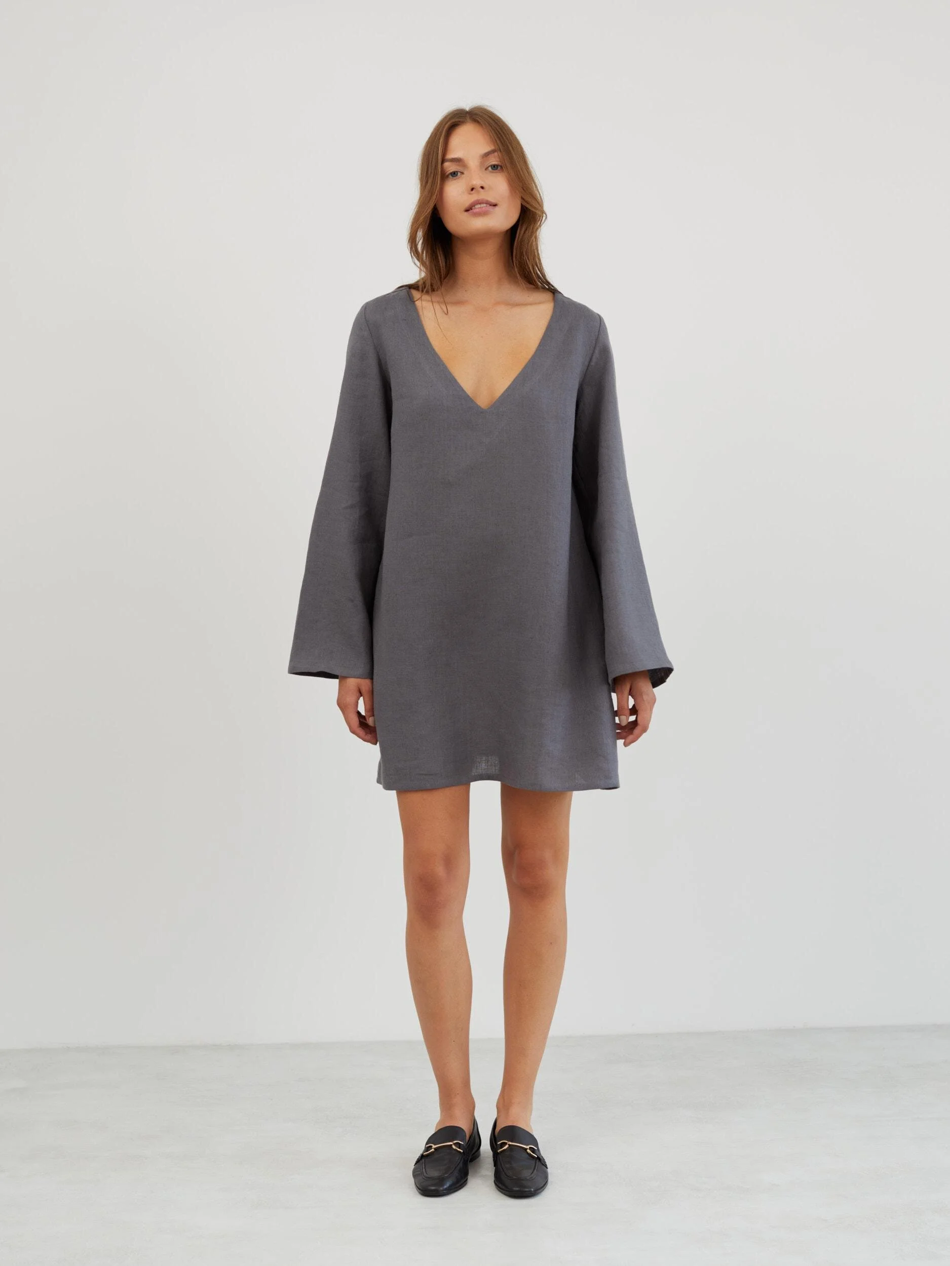 Image 2 of Linen Mini Dress with Bell Sleeves in Light Grey UMA from Love and Confuse | Handmade Linen Clothing for Women