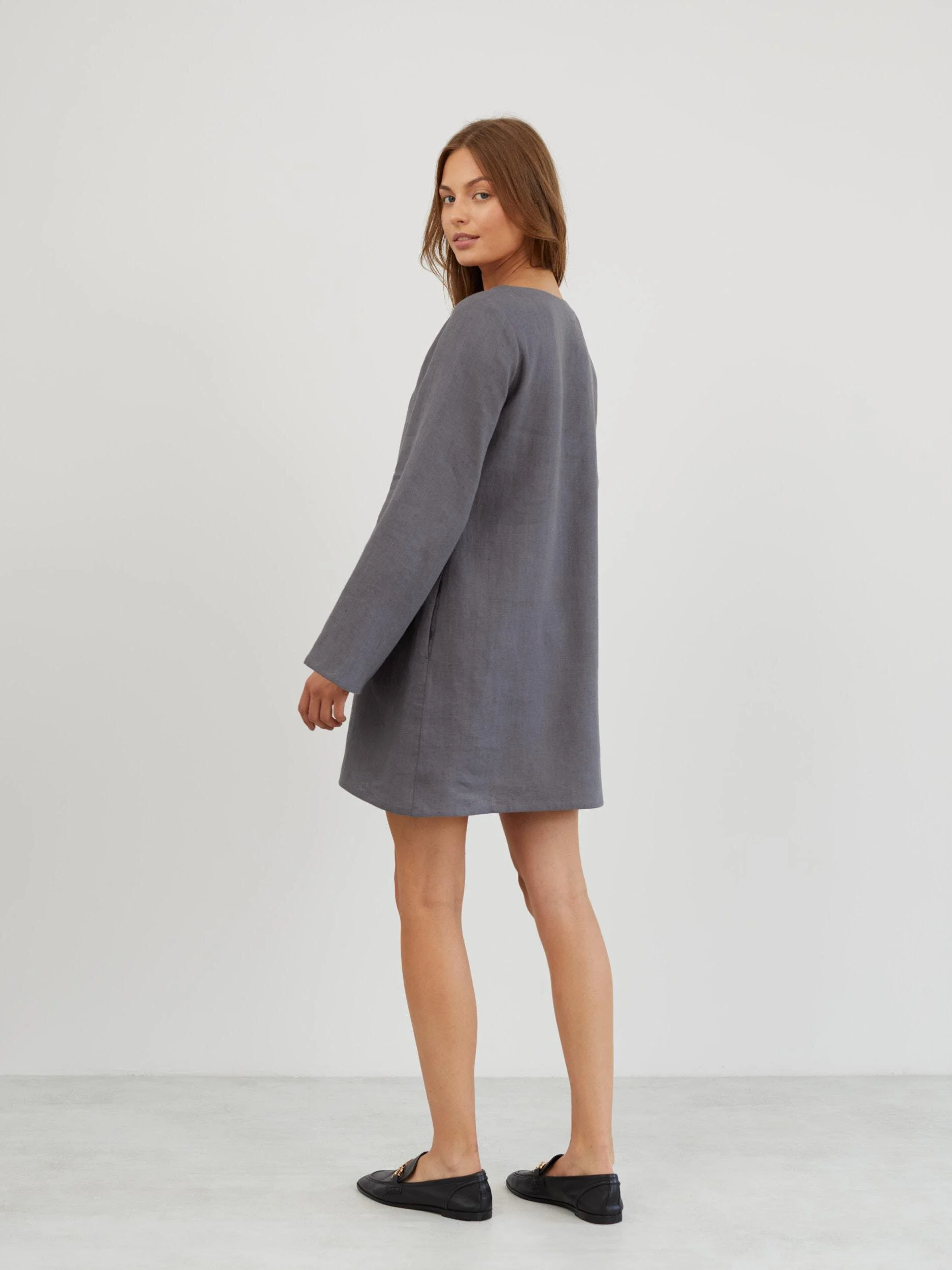 Image 6 of Linen Mini Dress with Bell Sleeves in Light Grey UMA from Love and Confuse | Handmade Linen Clothing for Women