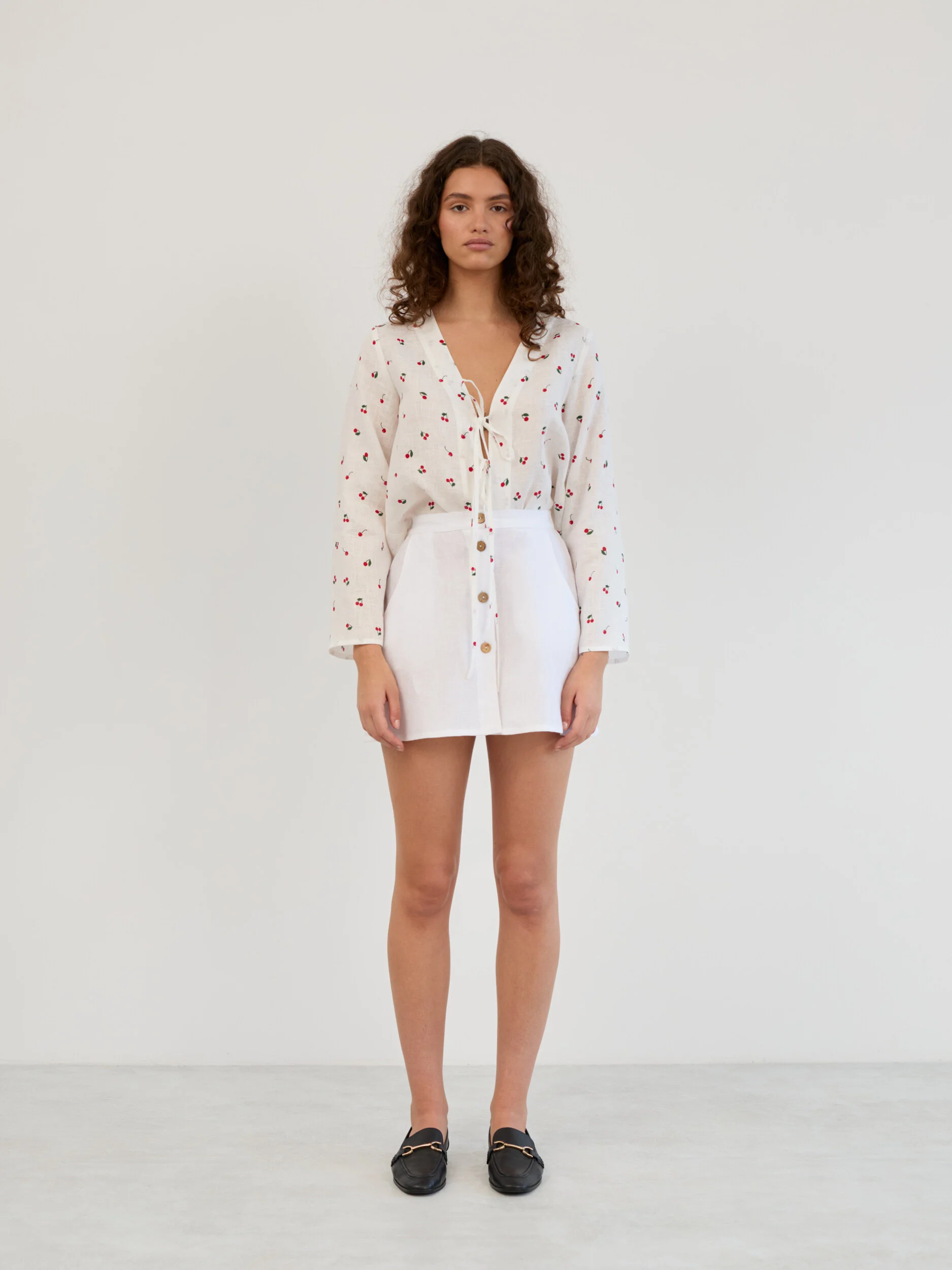 Image 2 of Linen Button Front Mini Skirt in White AMINA from Love and Confuse | Handmade Linen Clothing for Women