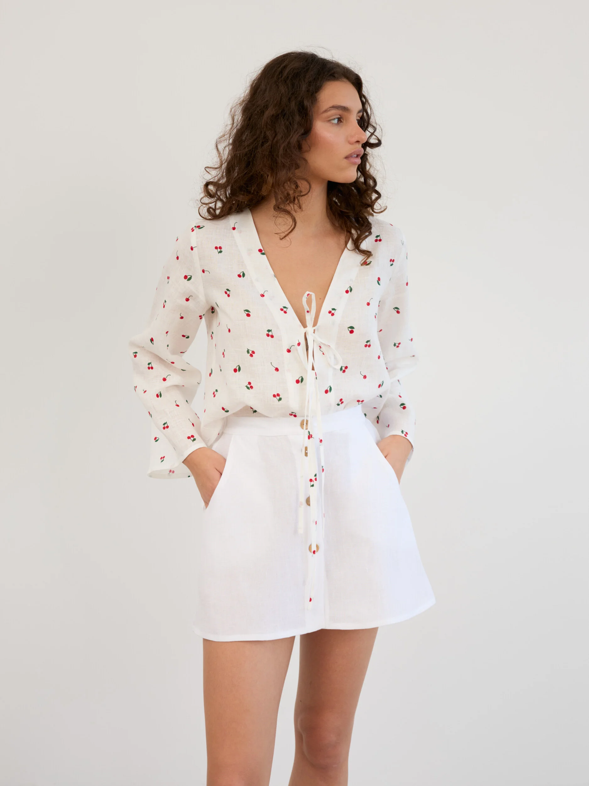 Image 5 of Linen Button Front Mini Skirt in White AMINA from Love and Confuse | Handmade Linen Clothing for Women