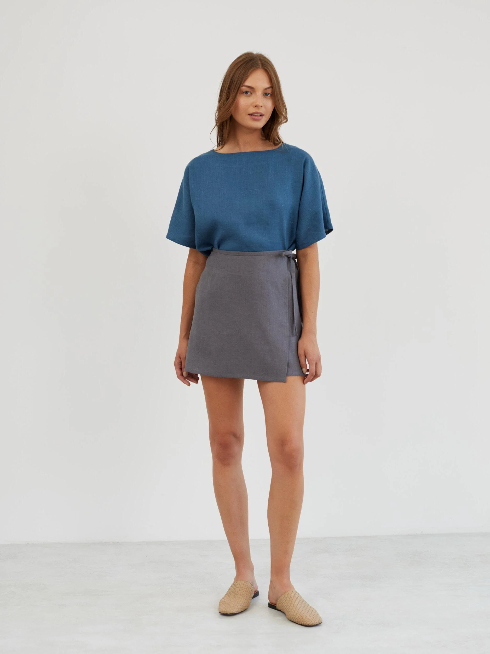 Image 2 of Linen Wrap Mini Skirt in Light Grey ANNALISE from Love and Confuse | Handmade Linen Clothing for Women