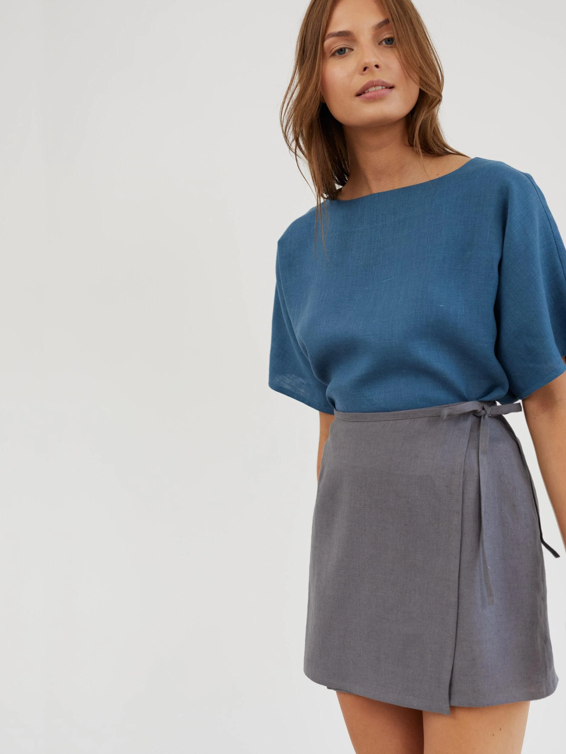 Image 4 of Linen Wrap Mini Skirt in Light Grey ANNALISE from Love and Confuse | Handmade Linen Clothing for Women