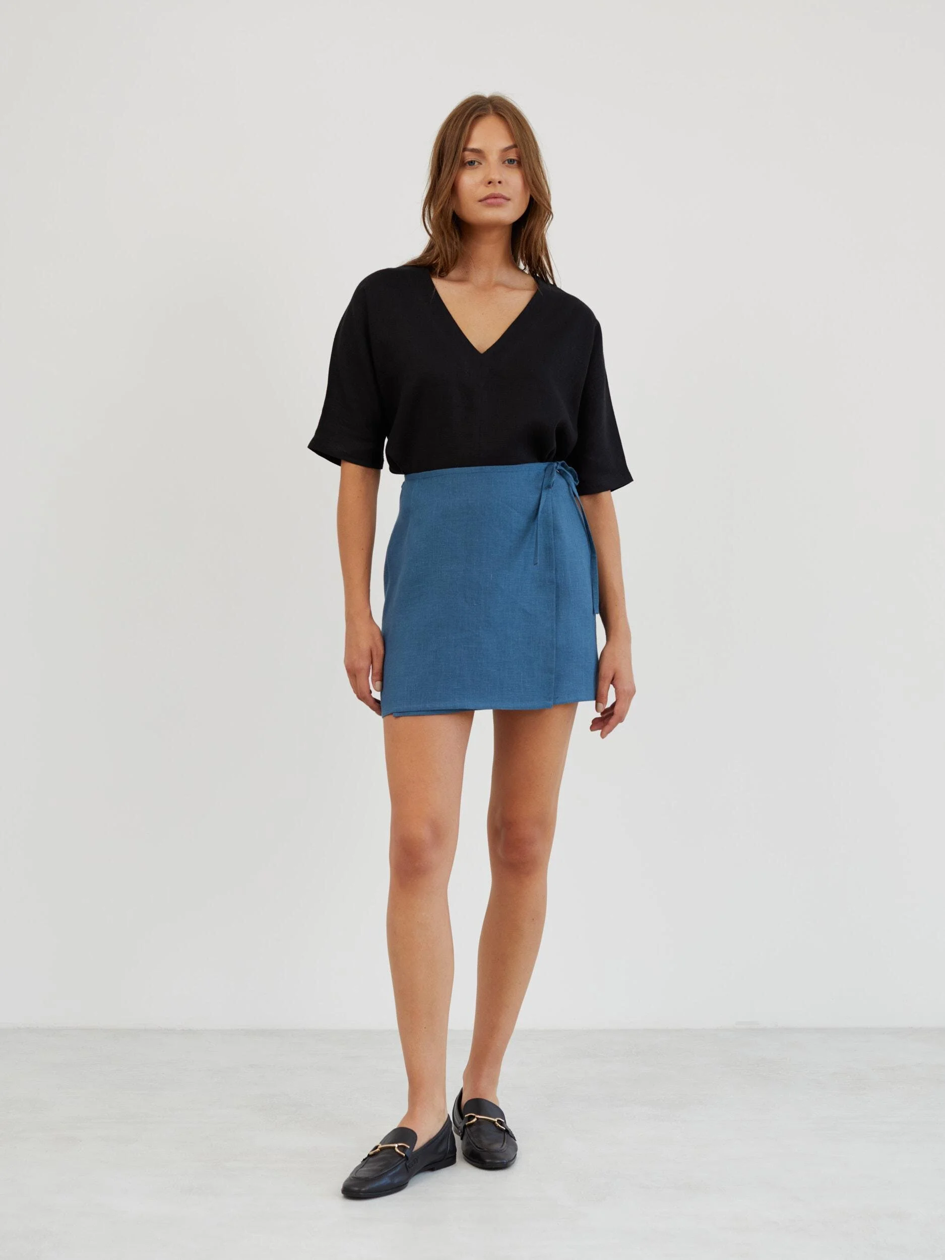 Image 2 of Linen Wrap Mini Skirt in Sea Blue ANNALISE from Love and Confuse | Handmade Linen Clothing for Women
