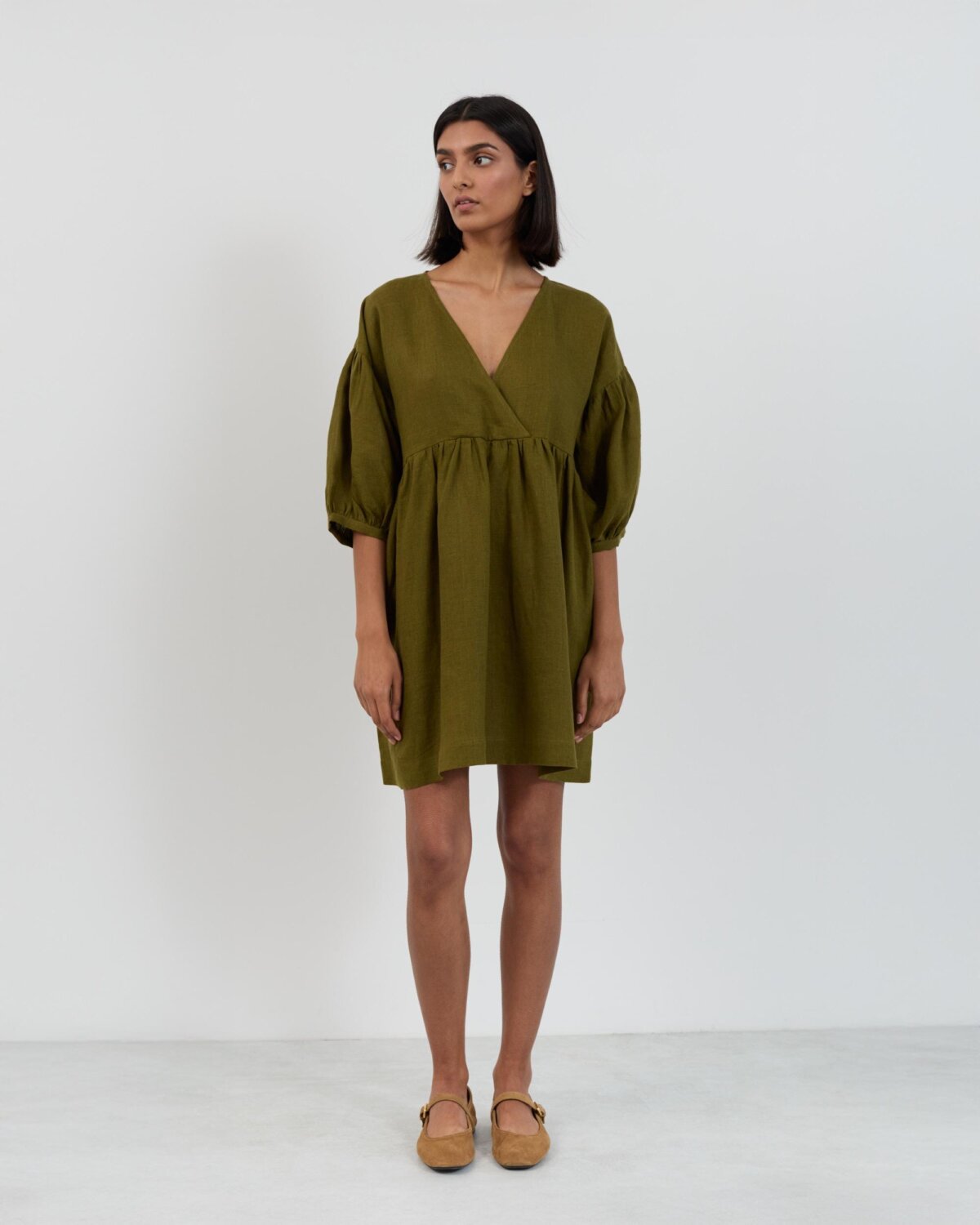 Image 2 of Linen Mini Wrap Dress Jane in Moss Green