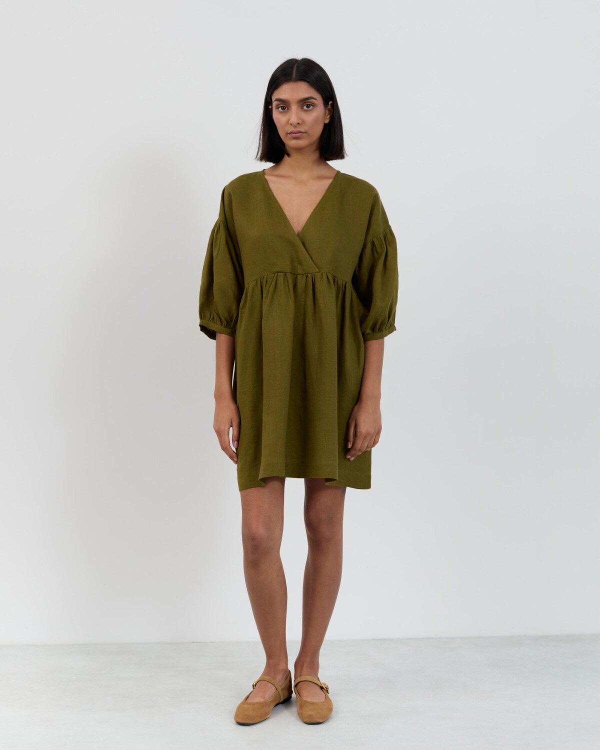 Image 4 of Linen Mini Wrap Dress Jane in Moss Green