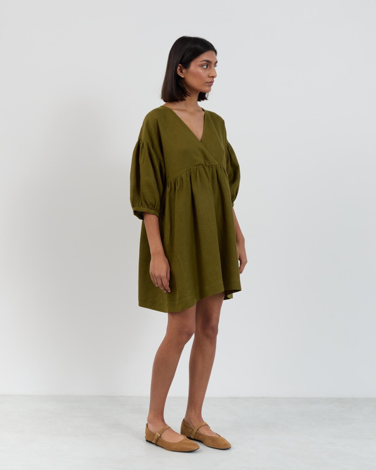 Image 5 of Linen Mini Wrap Dress Jane in Moss Green