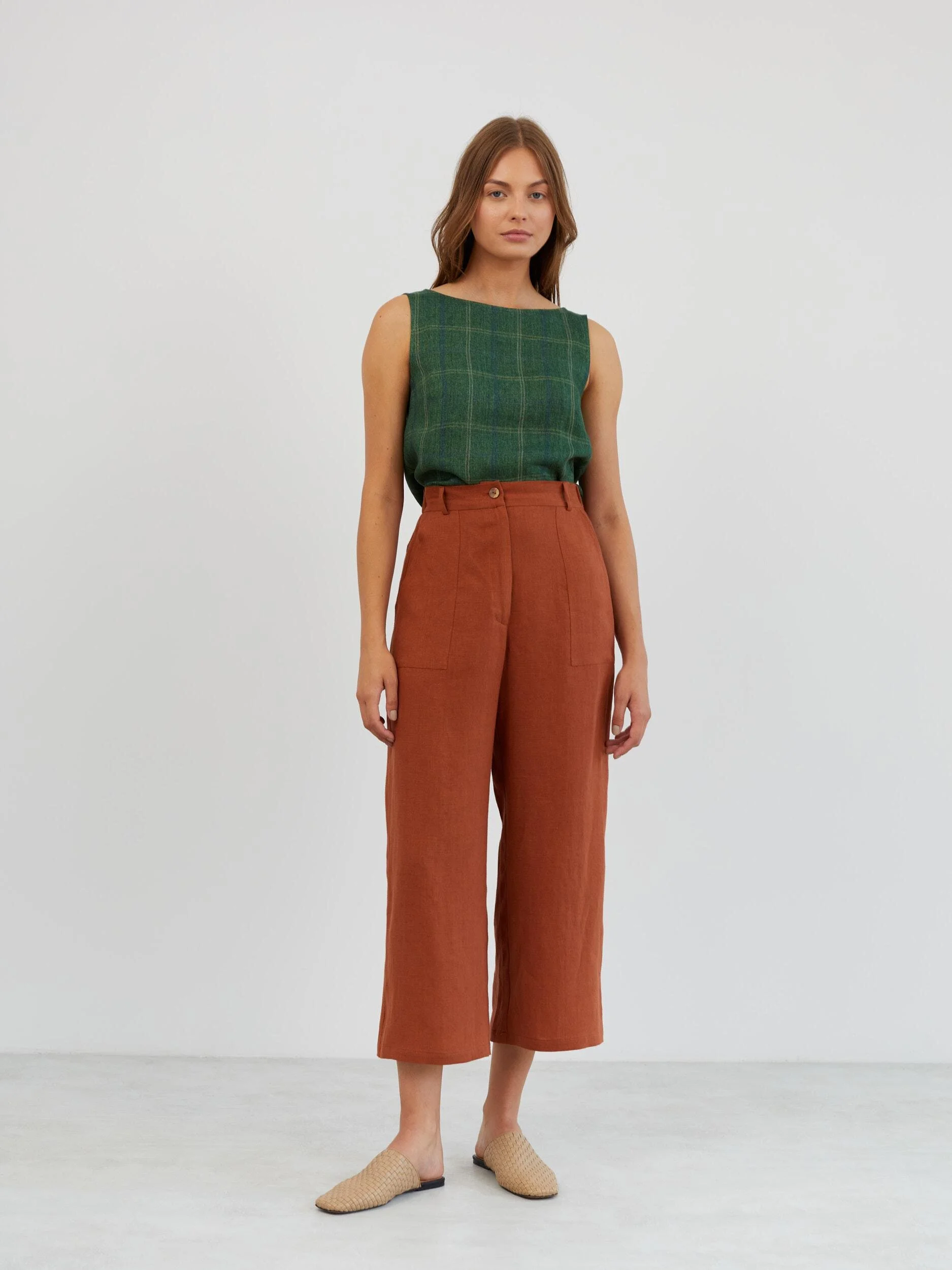 Image 1 of Cropped Wide Leg Linen Pants in Rust OCEAN from Love and Confuse | Handmade Linen Clothing for Women